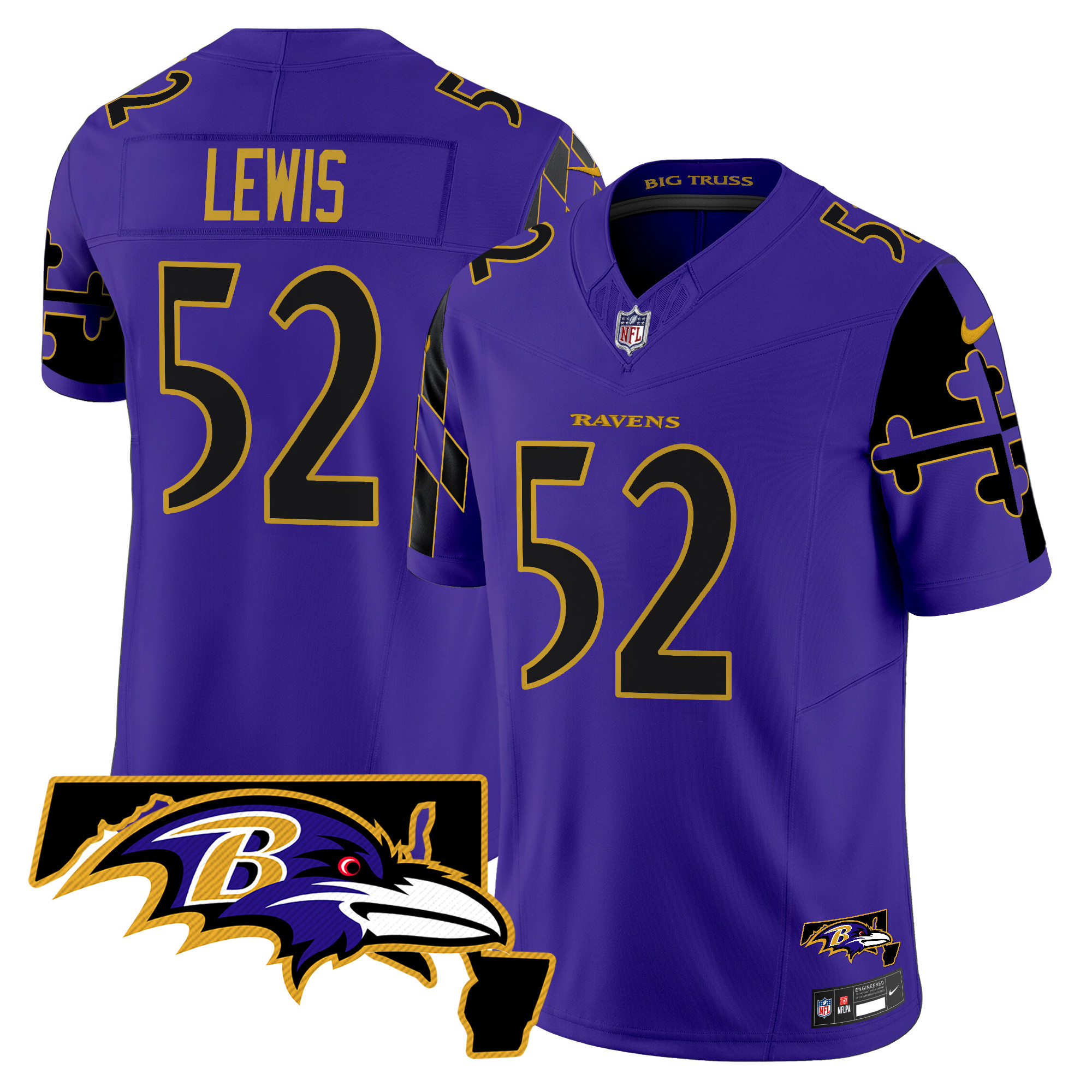 Ray Lewis Men's Baltimore Ravens Maryland Flag Map Patch Vapor Limited Purple Limited Jersey - All Stitched