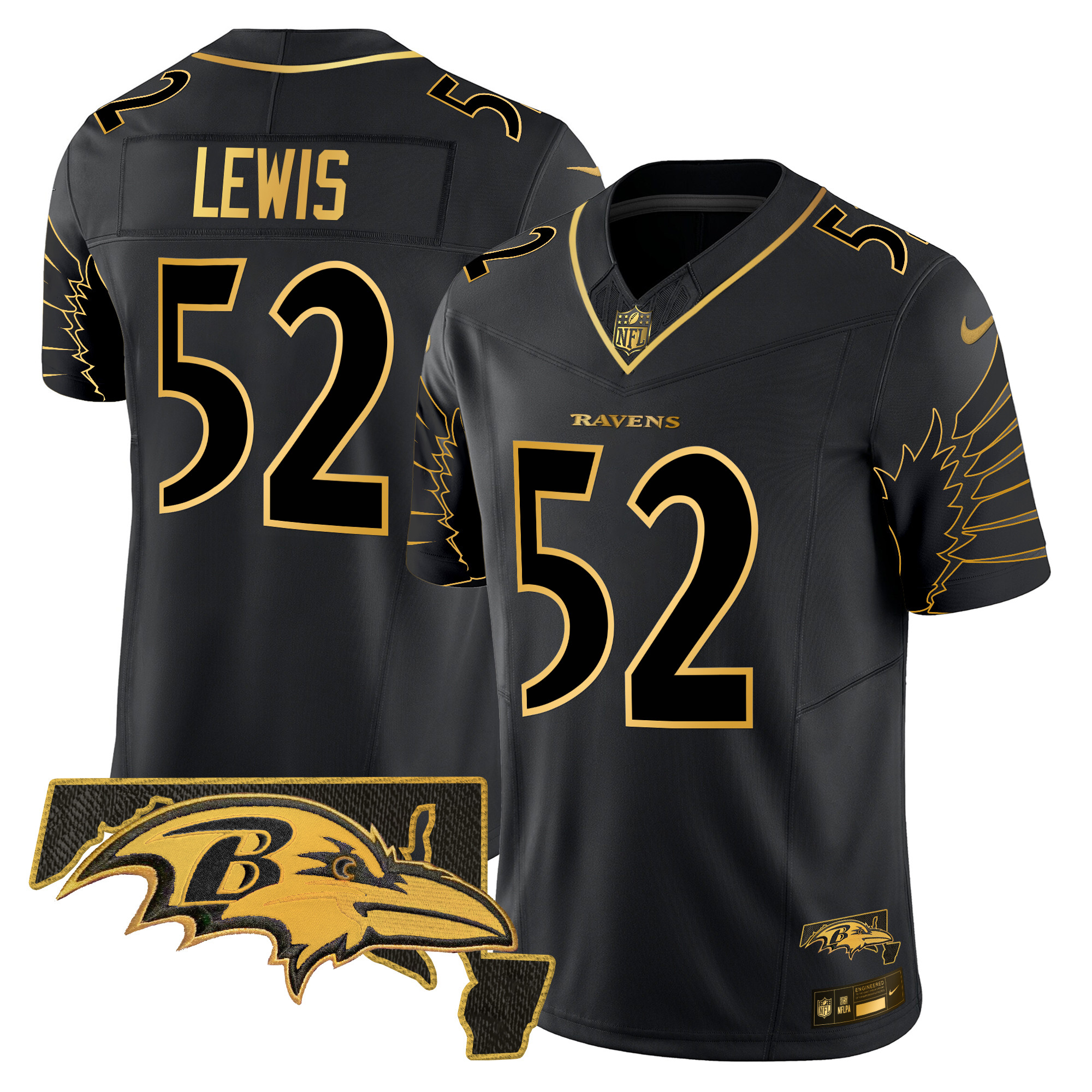 Ray Lewis Men's Baltimore Ravens Maryland Patch Gold Vapor Limited Black Gold Jersey - All Stitched