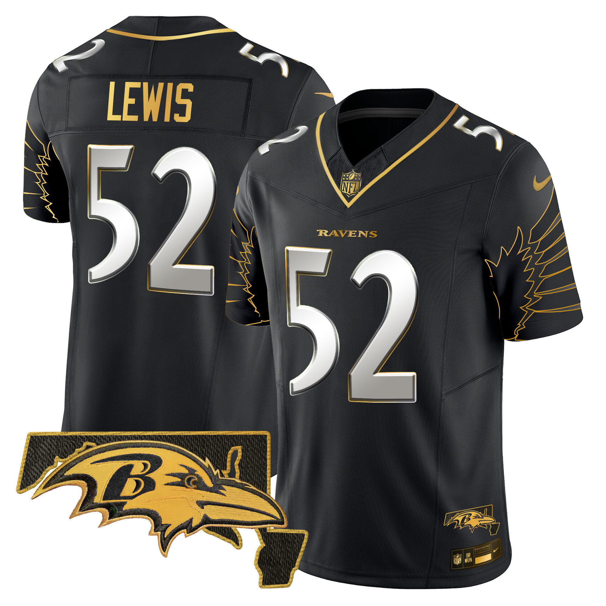 Ray Lewis Men's Baltimore Ravens Maryland Patch Gold Vapor Limited Black Limited Jersey - All Stitched