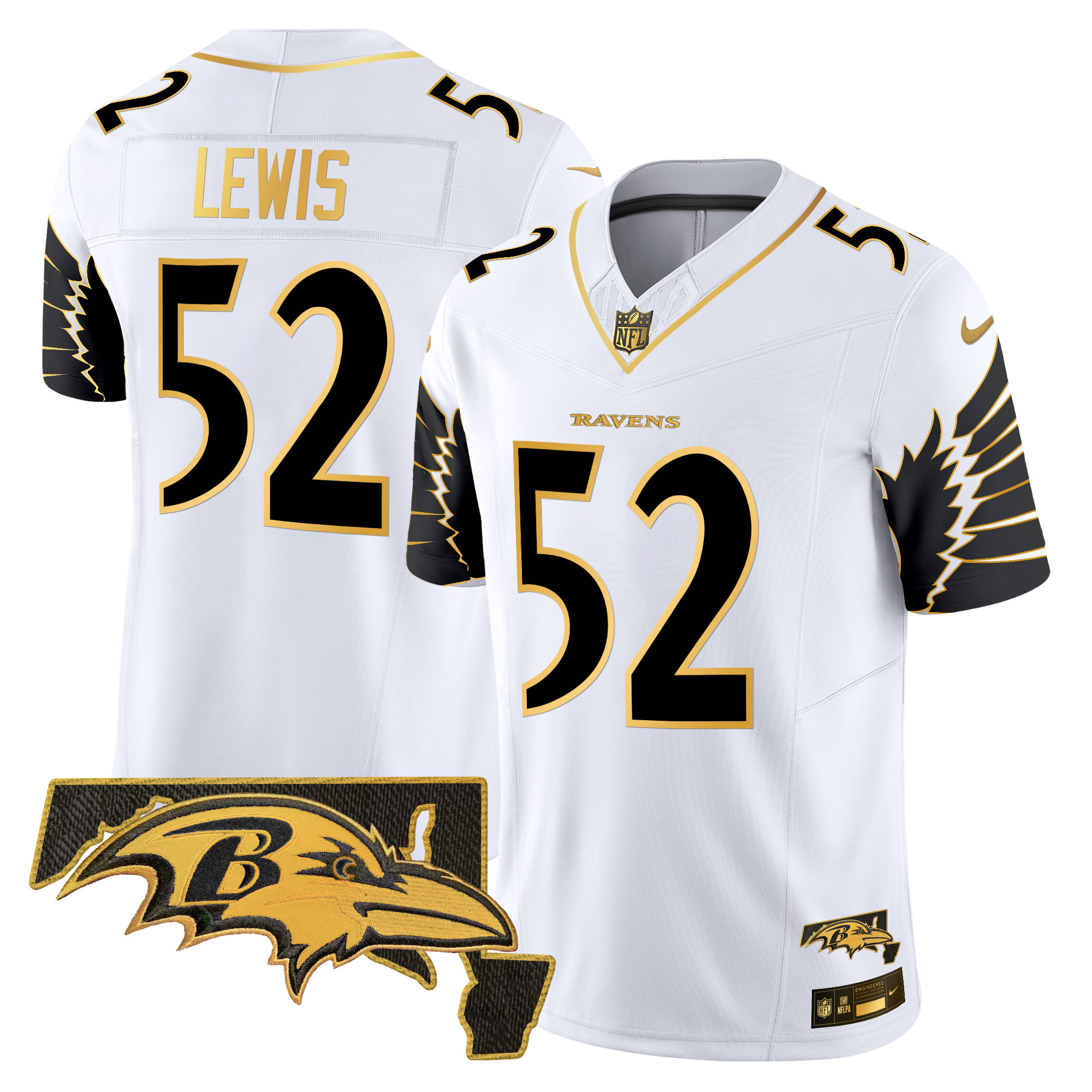 Ray Lewis Men's Baltimore Ravens Maryland Patch Gold Vapor Limited White Gold Jersey - All Stitched