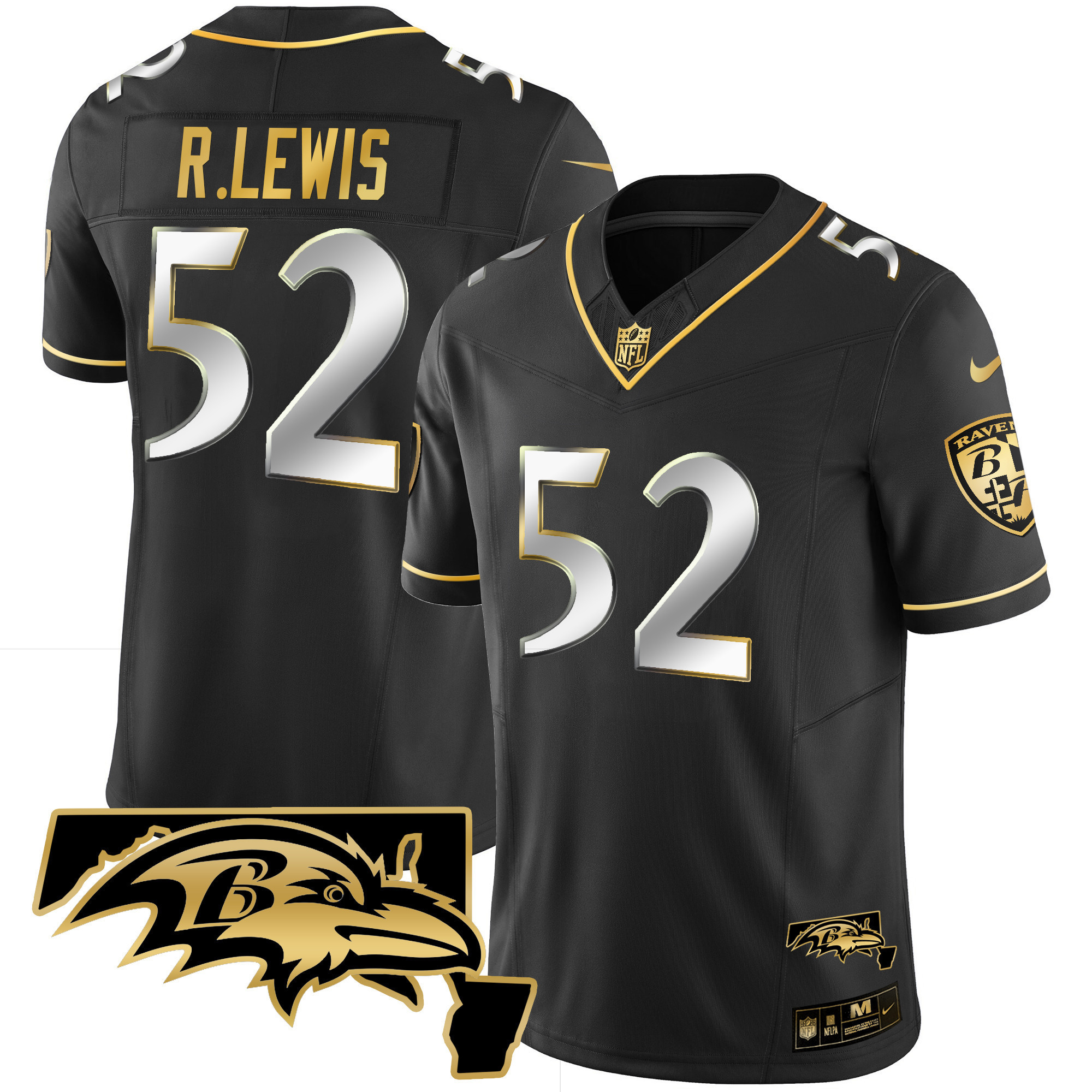 Ray Lewis Men's Baltimore Ravens Maryland Patch Vapor Gold Black Limited Jersey - All Stitched