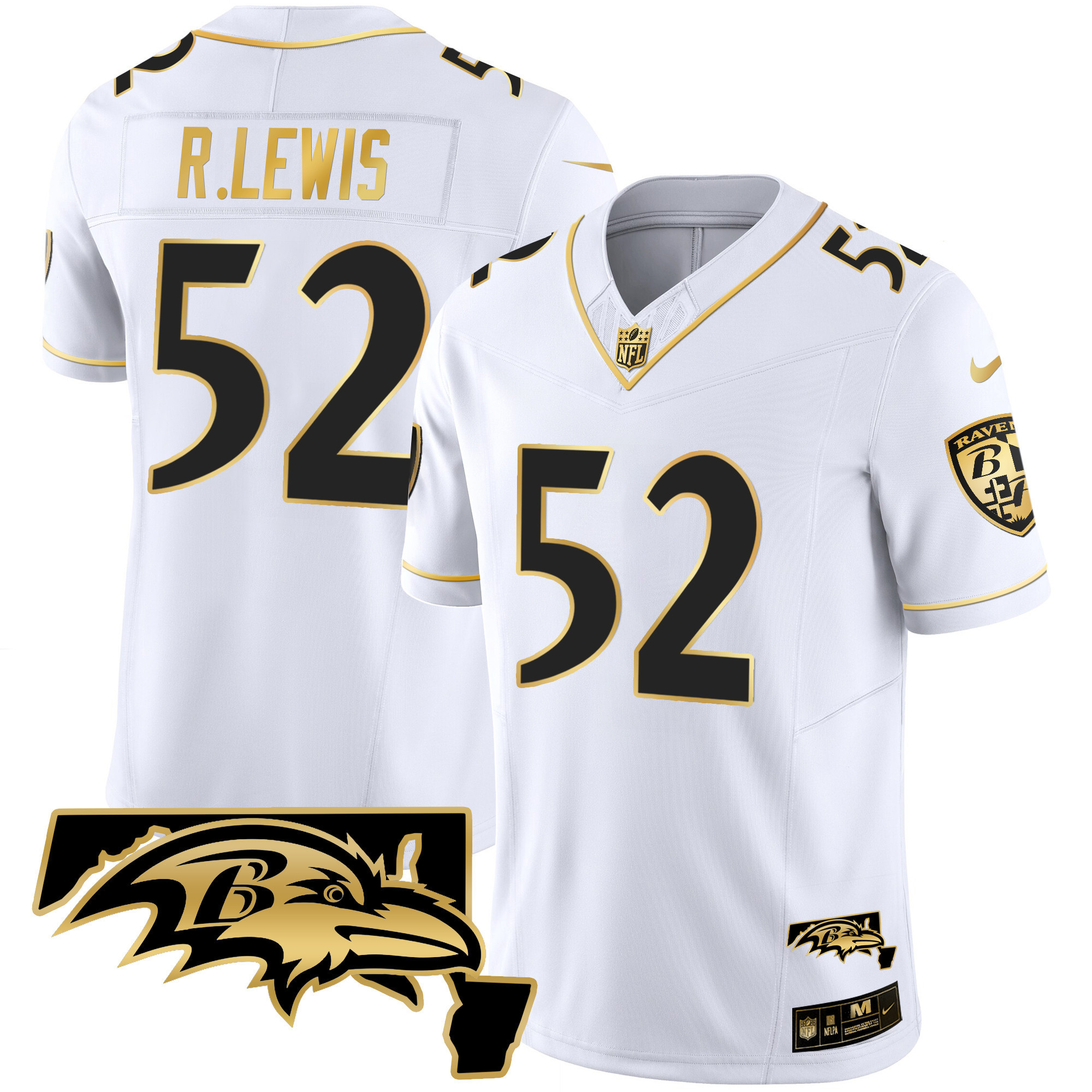 Ray Lewis Men's Baltimore Ravens Maryland Patch Vapor Gold White Gold Jersey - All Stitched