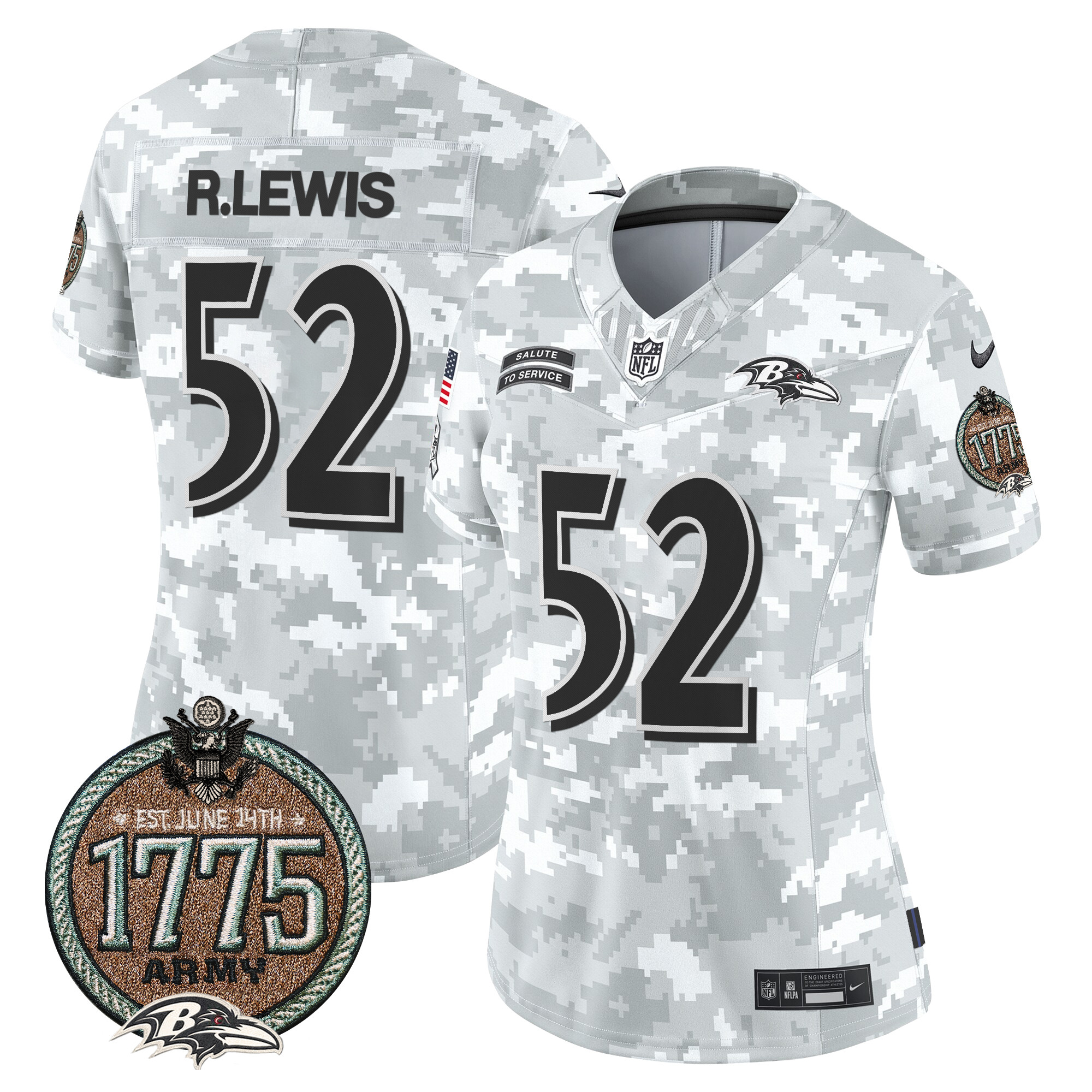 Ray Lewis Women's Baltimore Ravens 2024 Salute to Service Establishment Year Patch Vapor Limited Army Jersey - All Stitched