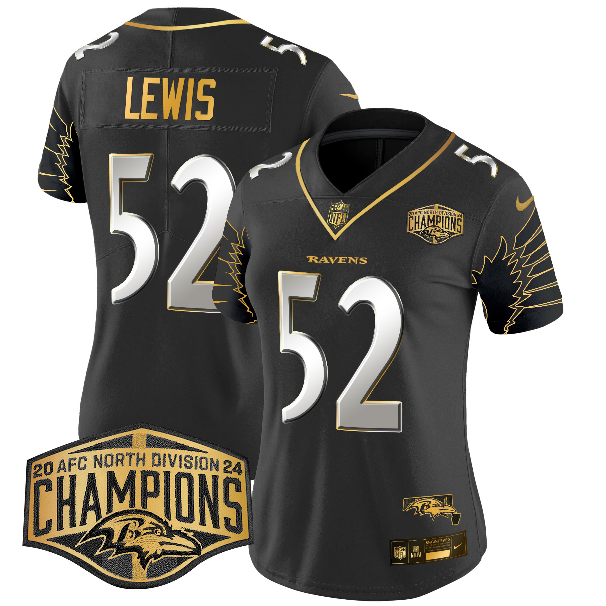 Ray Lewis Women's Baltimore Ravens Maryland 2024 AFC North Division Champions Patch Gold Vapor Limited Black Limited Jersey - All Stitched