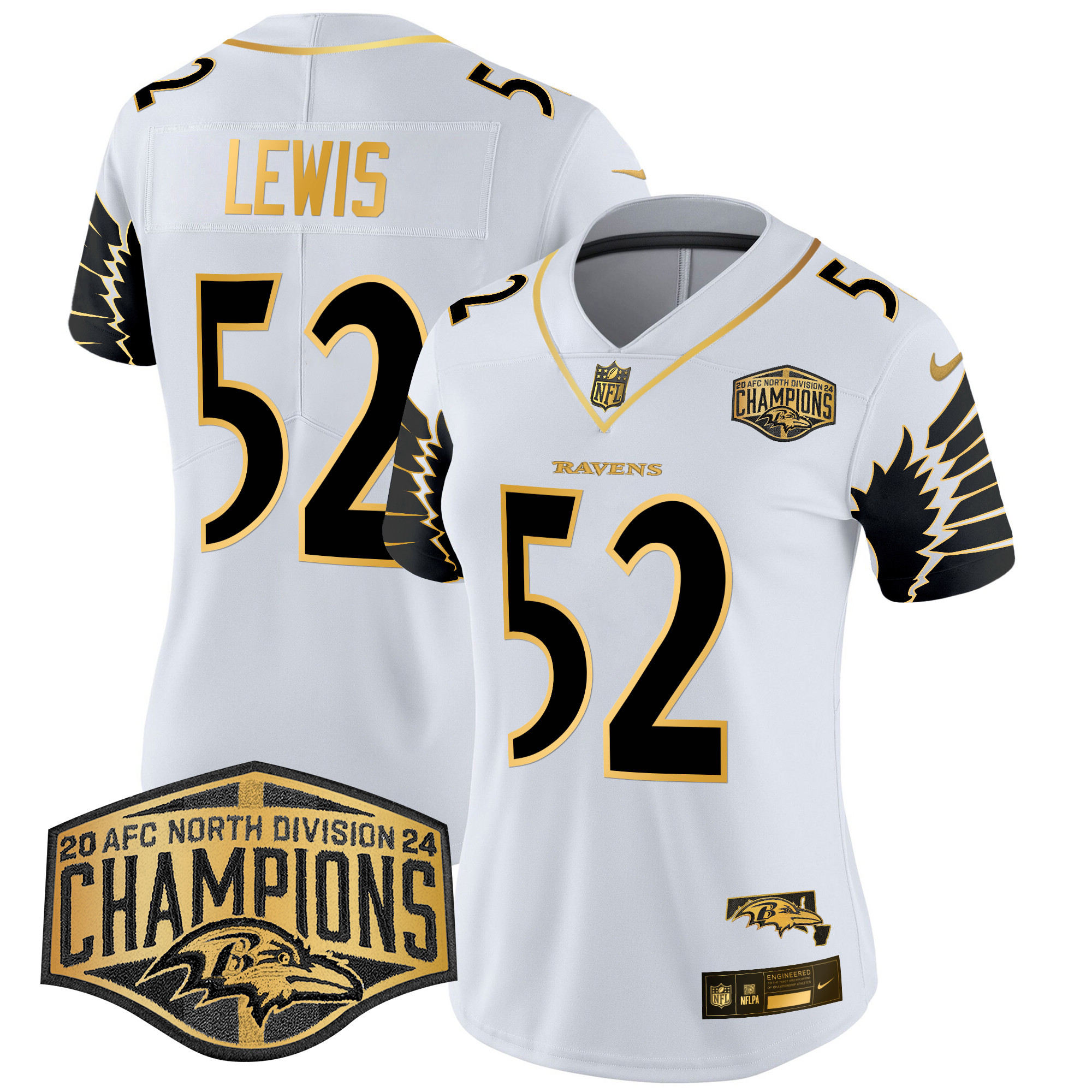 Ray Lewis Women's Baltimore Ravens Maryland 2024 AFC North Division Champions Patch Gold Vapor Limited White Gold Jersey - All Stitched