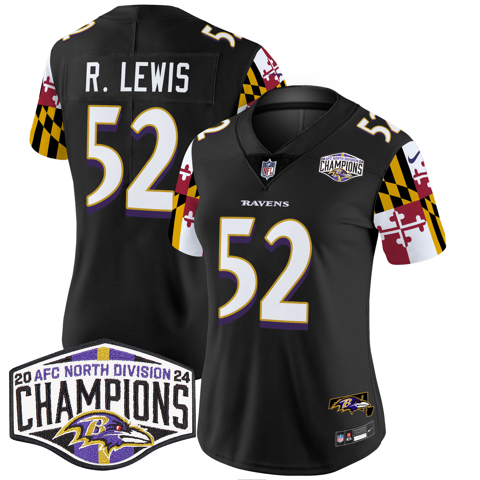 Ray Lewis Women's Baltimore Ravens Maryland Flag 2024 AFC North Division Champions Patch Vapor Limited Black Jersey - All Stitched