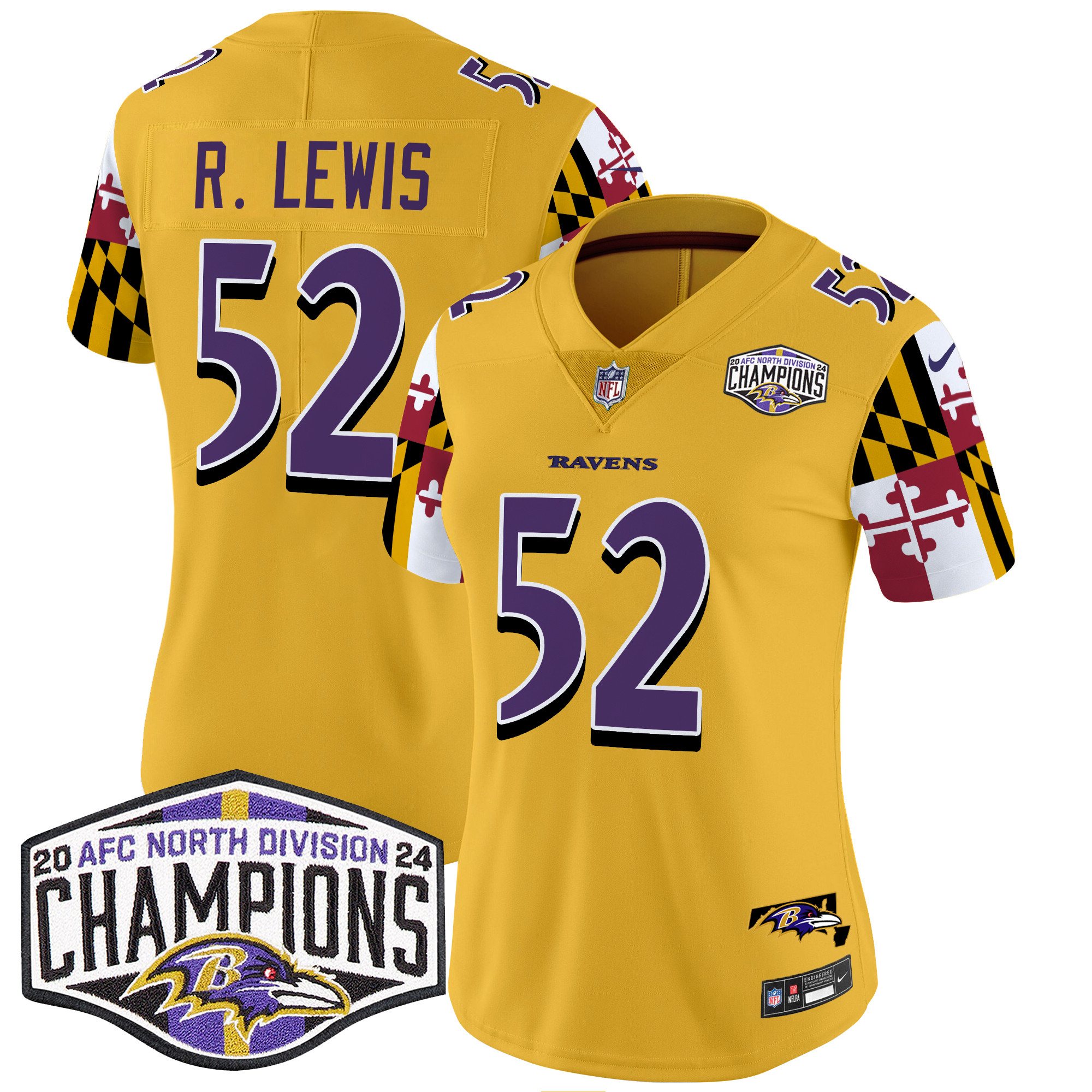 Ray Lewis Women's Baltimore Ravens Maryland Flag 2024 AFC North Division Champions Patch Vapor Limited Gold Jersey - All Stitched