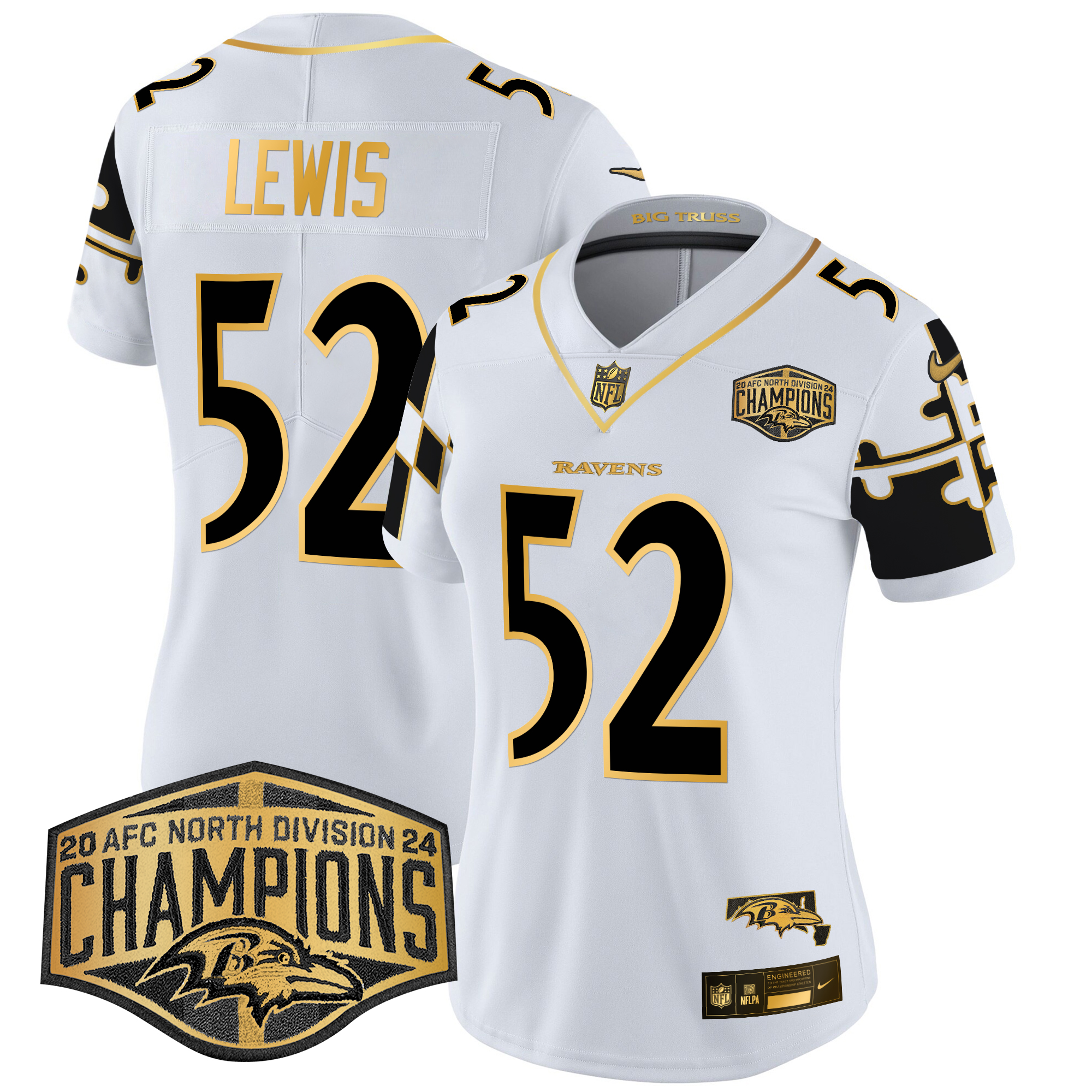 Ray Lewis Women's Baltimore Ravens Maryland Flag Map 2024 AFC North Division Champions Patch Gold Vapor Limited White Gold Jersey - All Stitched