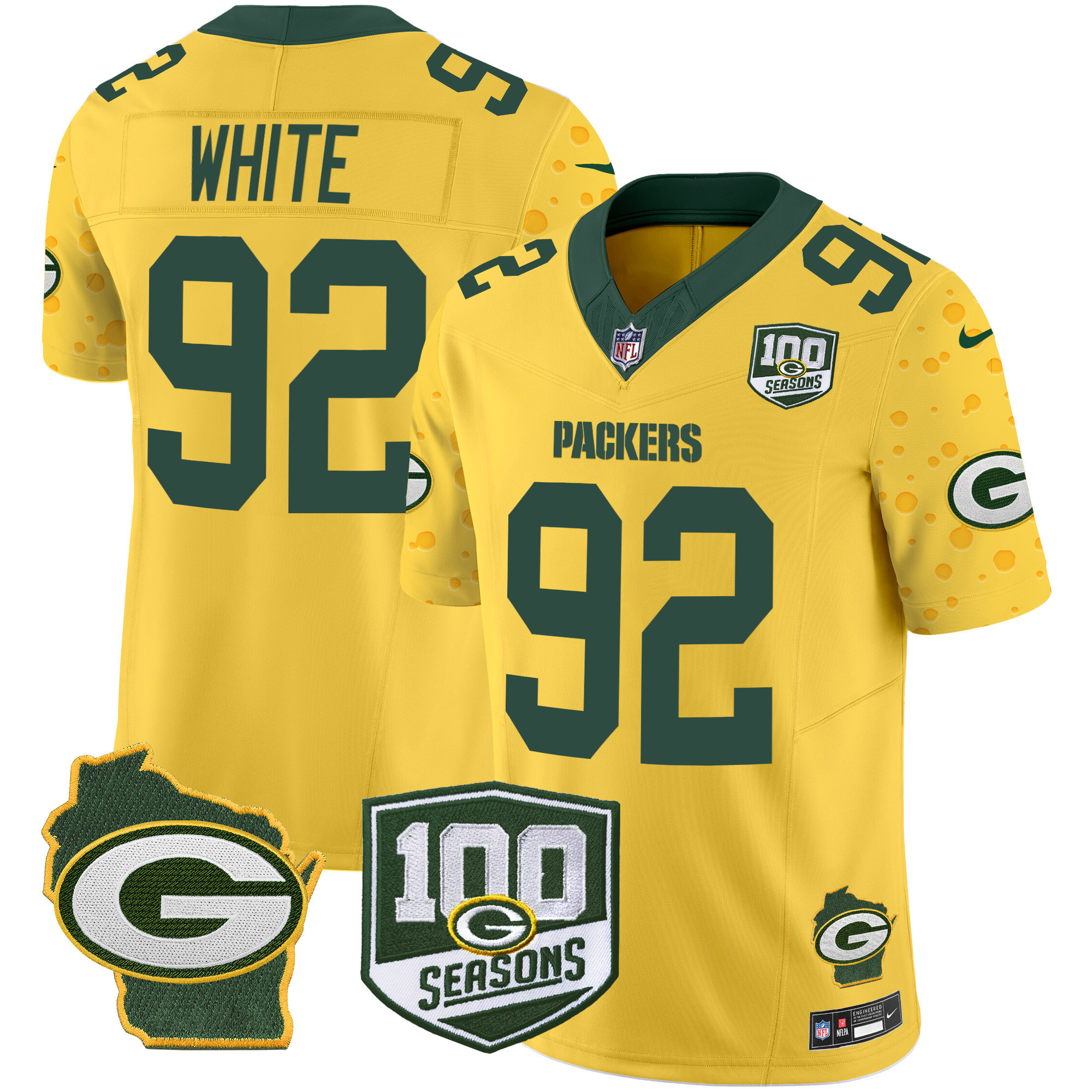 Reggie White Men's Green Bay Packers 100th Season & Home Patch Cheese Vapor Limited Jersey Ã¢â‚¬â€œ All Stitched Gold Jersey - All Stitched
