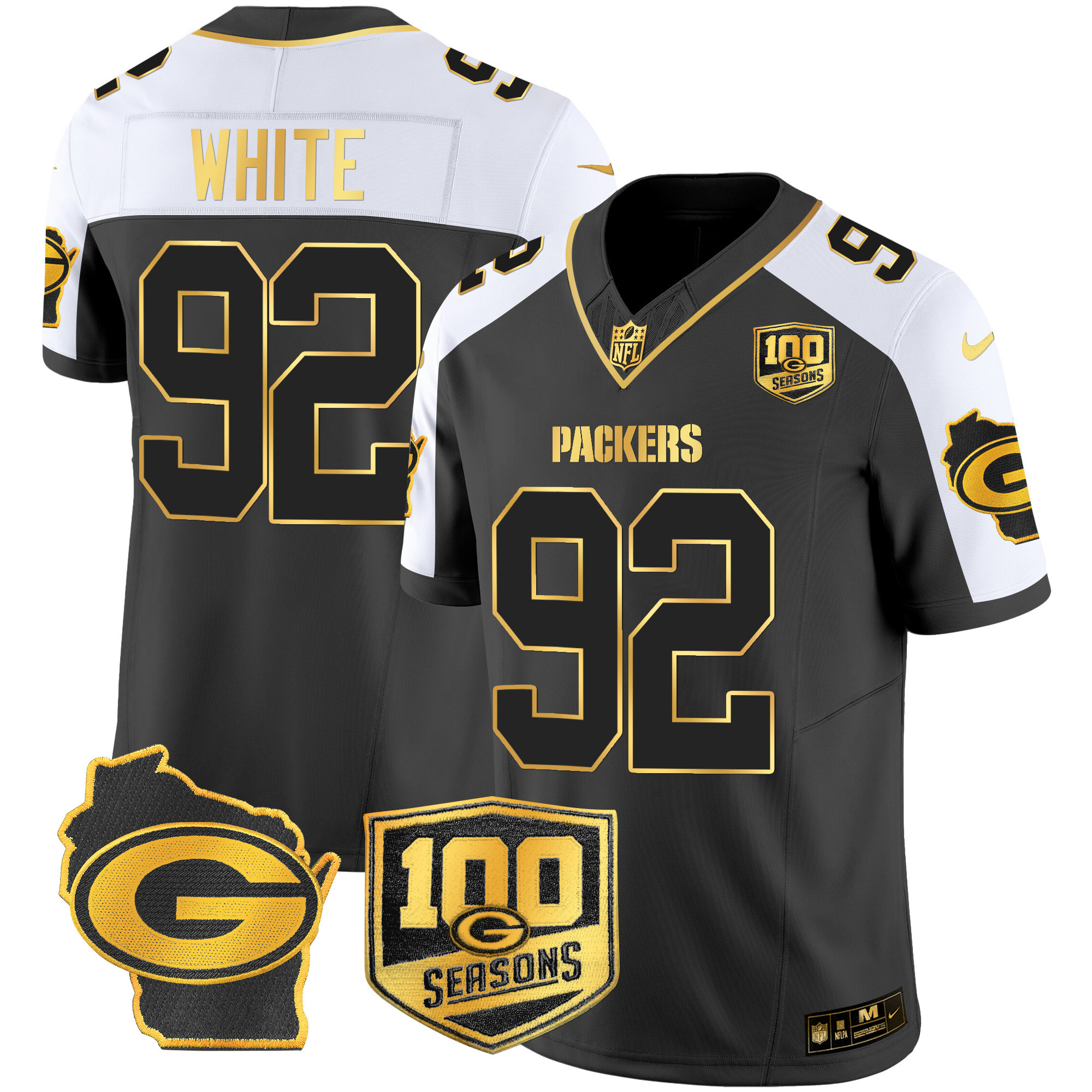 Reggie White Men's Green Bay Packers 100th Season & Home Patch Gold Vapor Limited Jersey Ã¢â‚¬â€œ All Stitched Alternate Jersey - All Stitched
