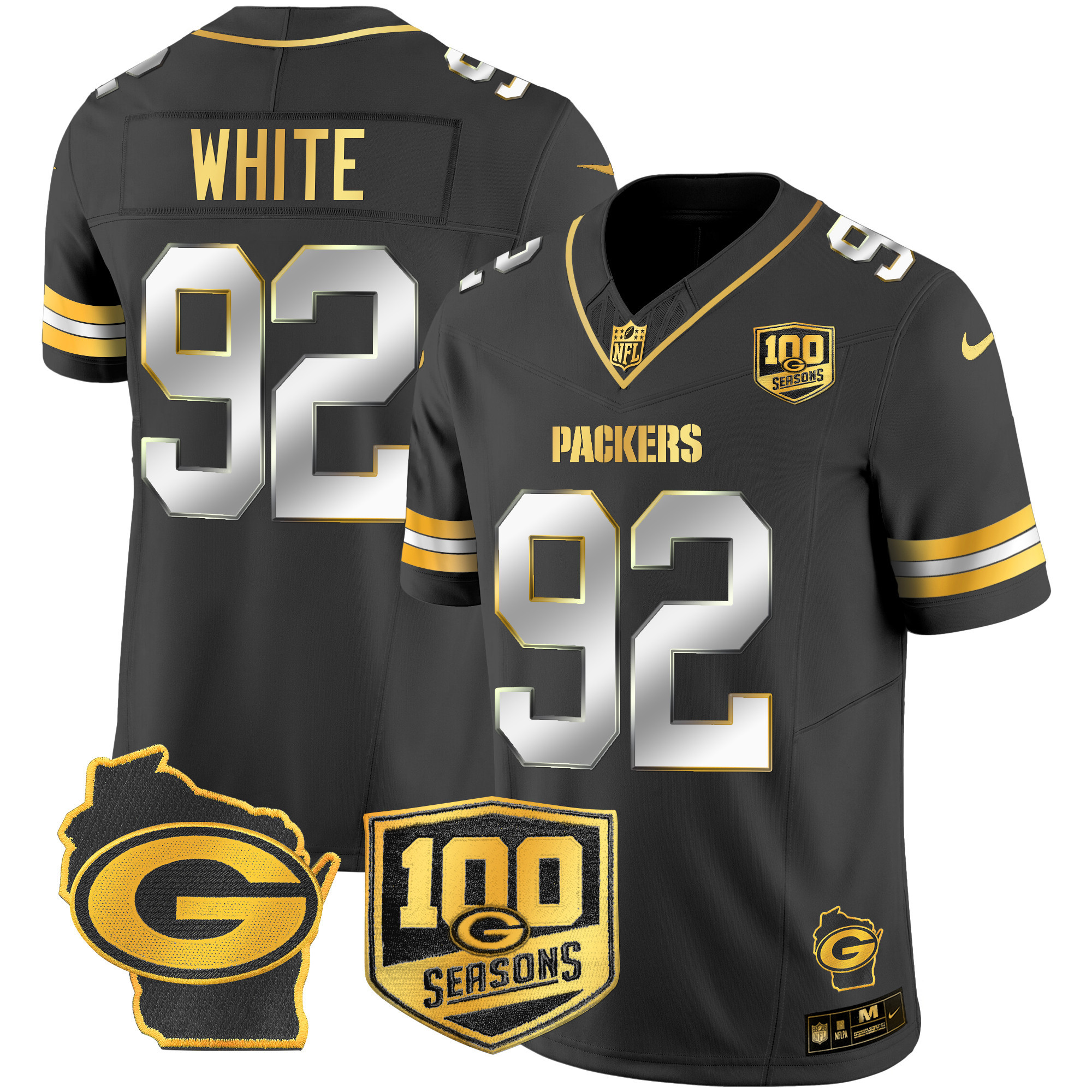 Reggie White Men's Green Bay Packers 100th Season & Home Patch Gold Vapor Limited Jersey ÃƒÂ¢Ã¢â€šÂ¬Ã¢â‚¬Å“ All Stitched Black Limited Jersey - All Stitched