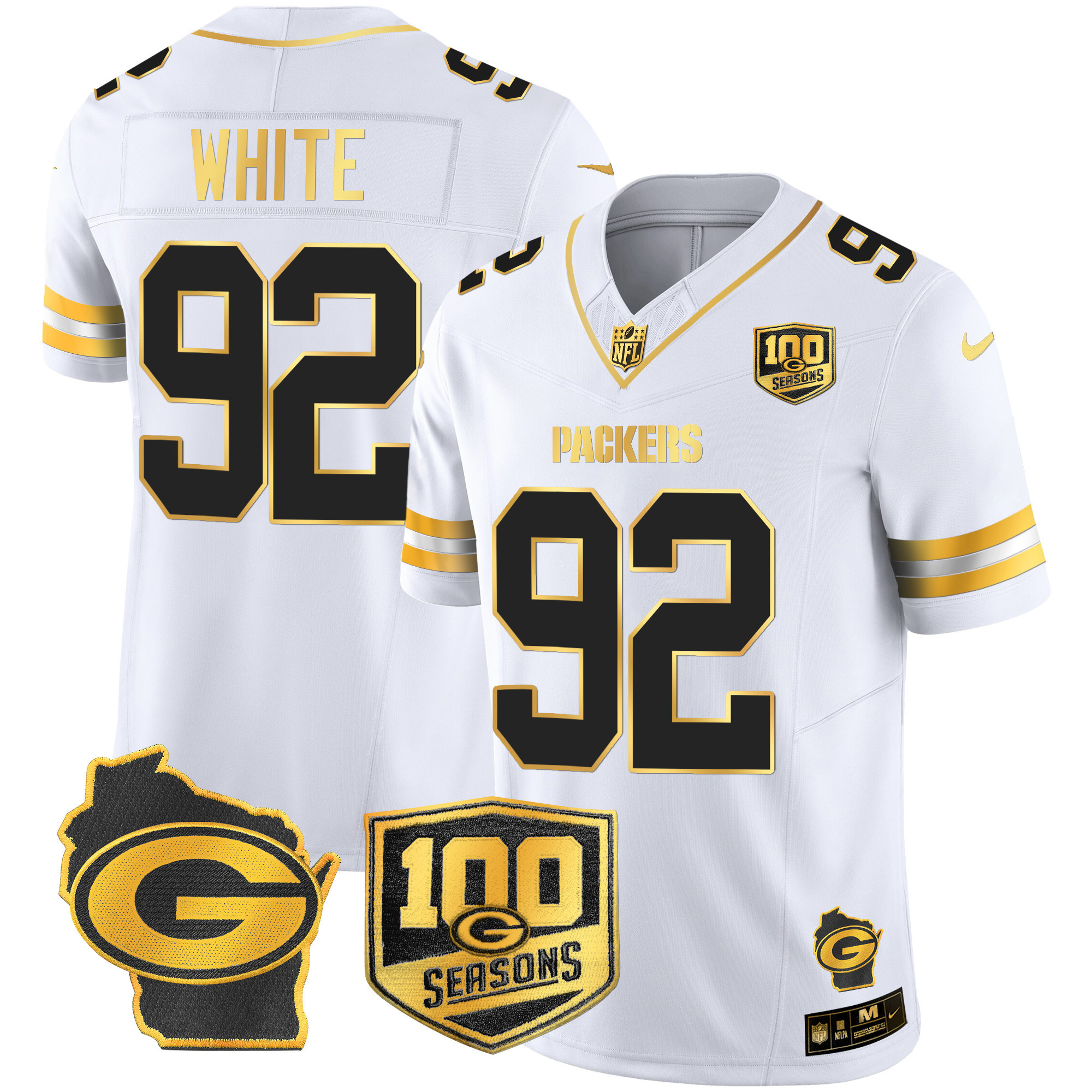 Reggie White Men's Green Bay Packers 100th Season & Home Patch Gold Vapor Limited Jersey Ã¢â‚¬â€œ All Stitched White Gold Jersey - All Stitched