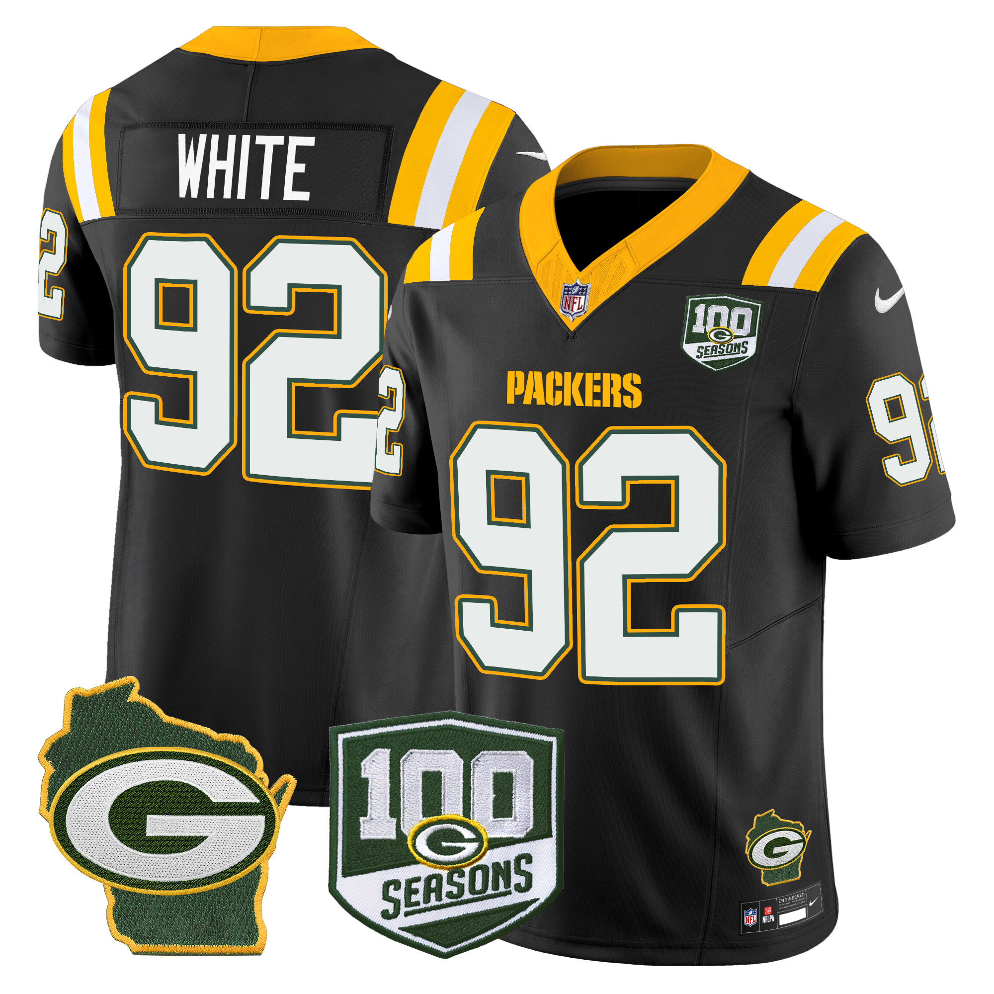 Reggie White Men's Green Bay Packers 100th Season & Home Patch Vapor Limited Black Jersey - All Stitched