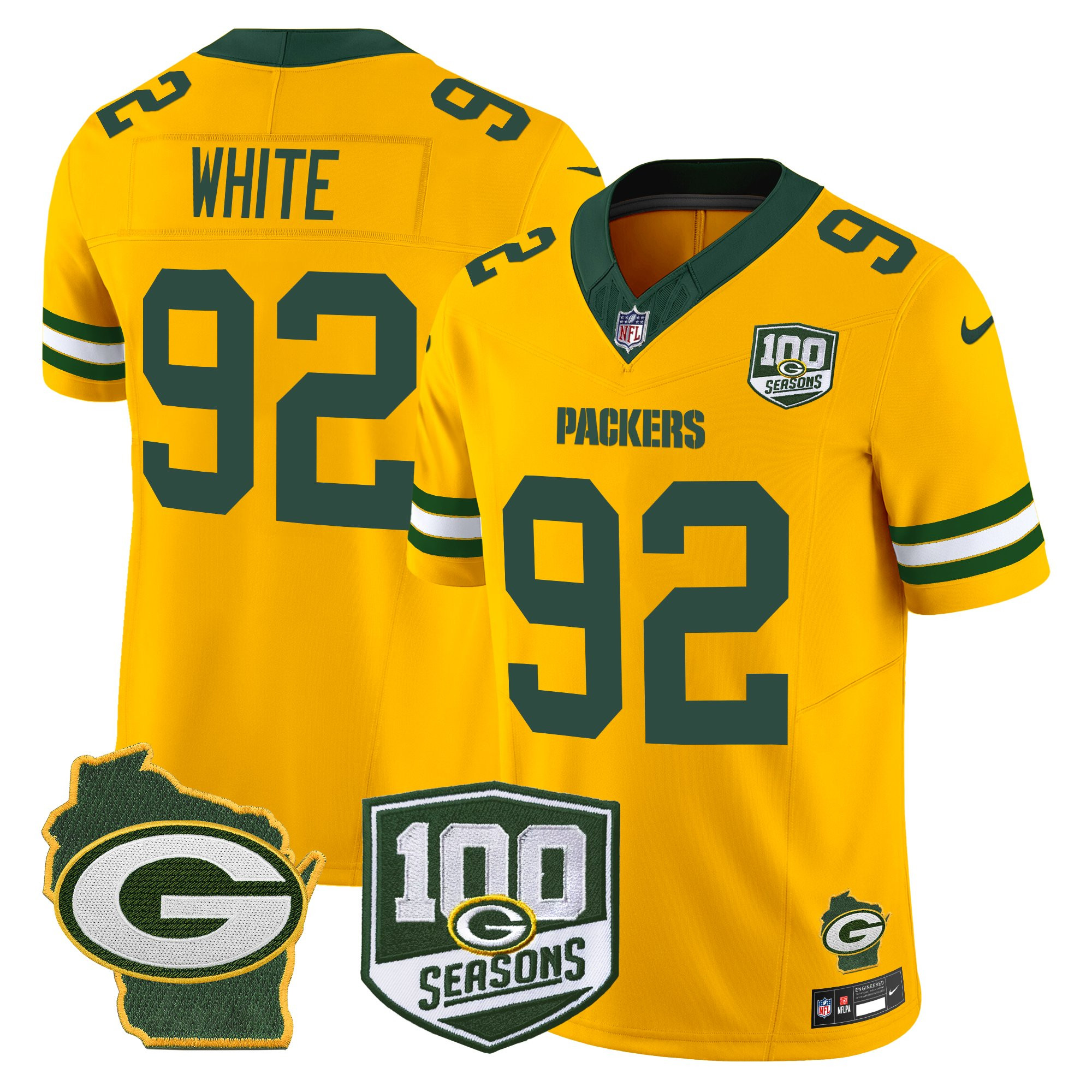 Reggie White Men's Green Bay Packers 100th Season & Home Patch Vapor Limited Gold Jersey - All Stitched