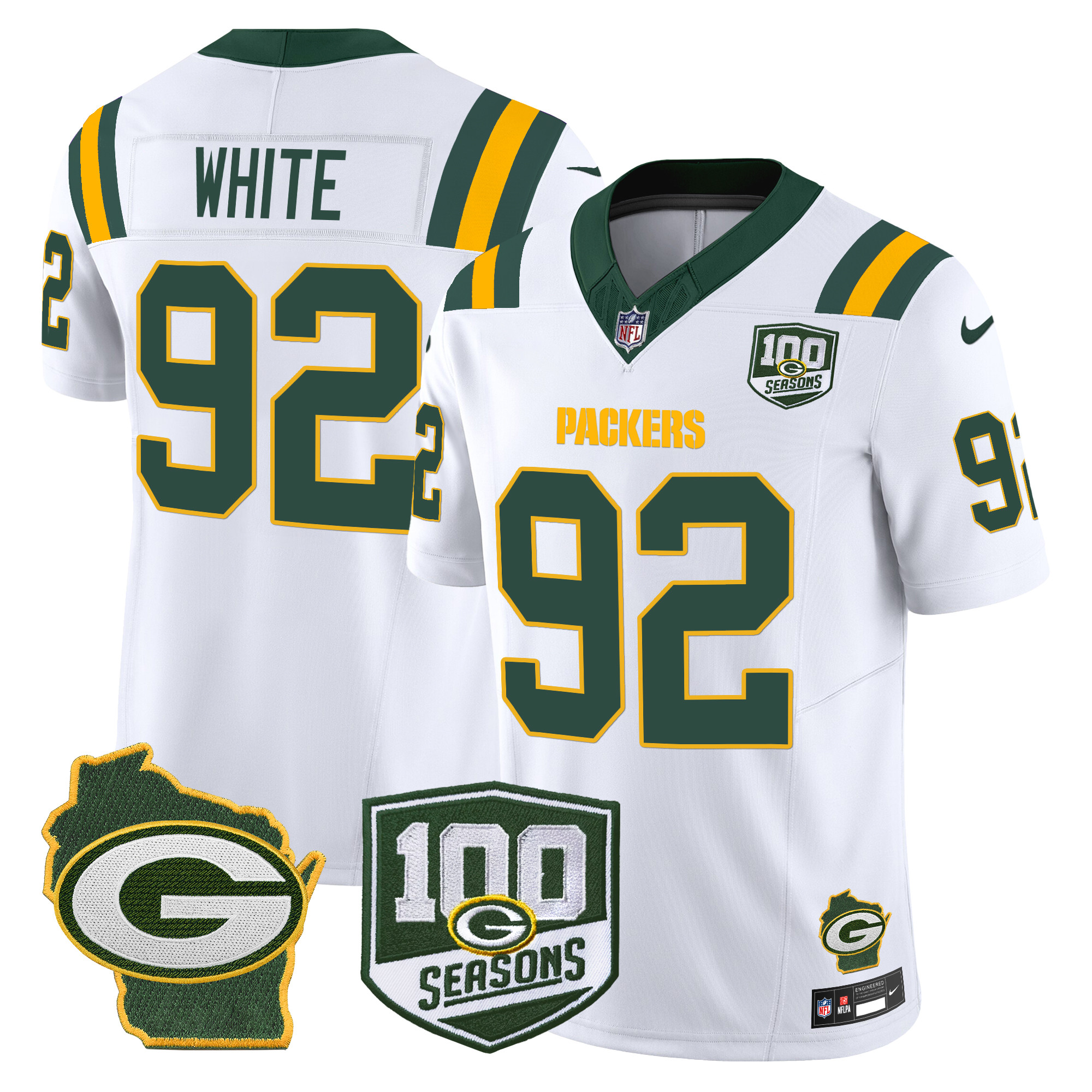 Reggie White Men's Green Bay Packers 100th Season & Home Patch Vapor Limited White Jersey - All Stitched