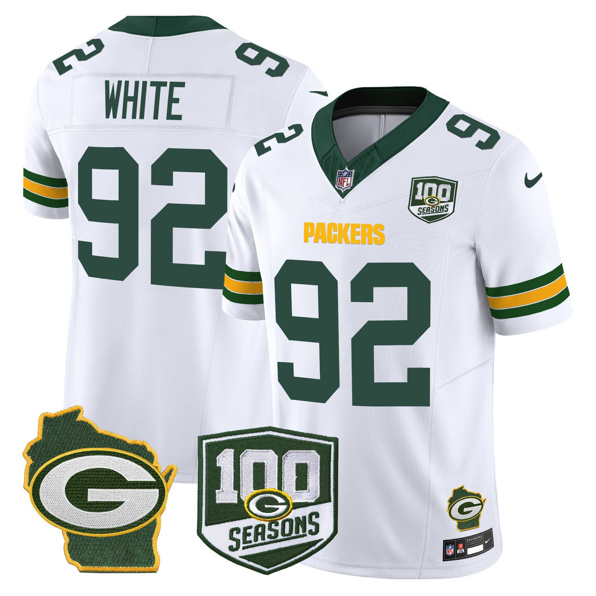 Reggie White Men's Green Bay Packers 100th Season & Home Patch Vapor Limited White Jersey - All Stitched