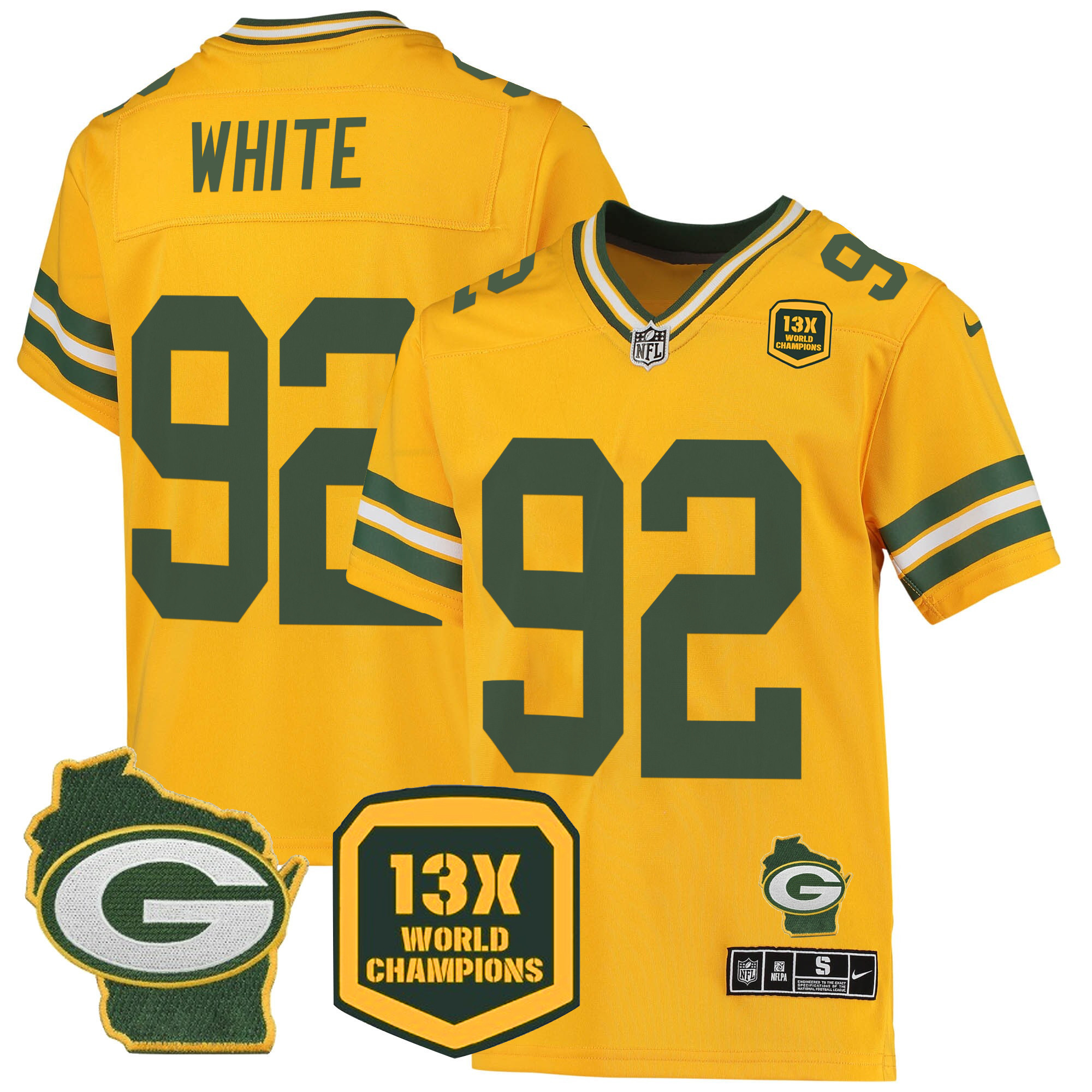 Reggie White Men's Green Bay Packers 13 Time World Champions & Home Patch Game Jersey Ã¯Â¿Â½ All Stitched Gold Jersey - All Stitched