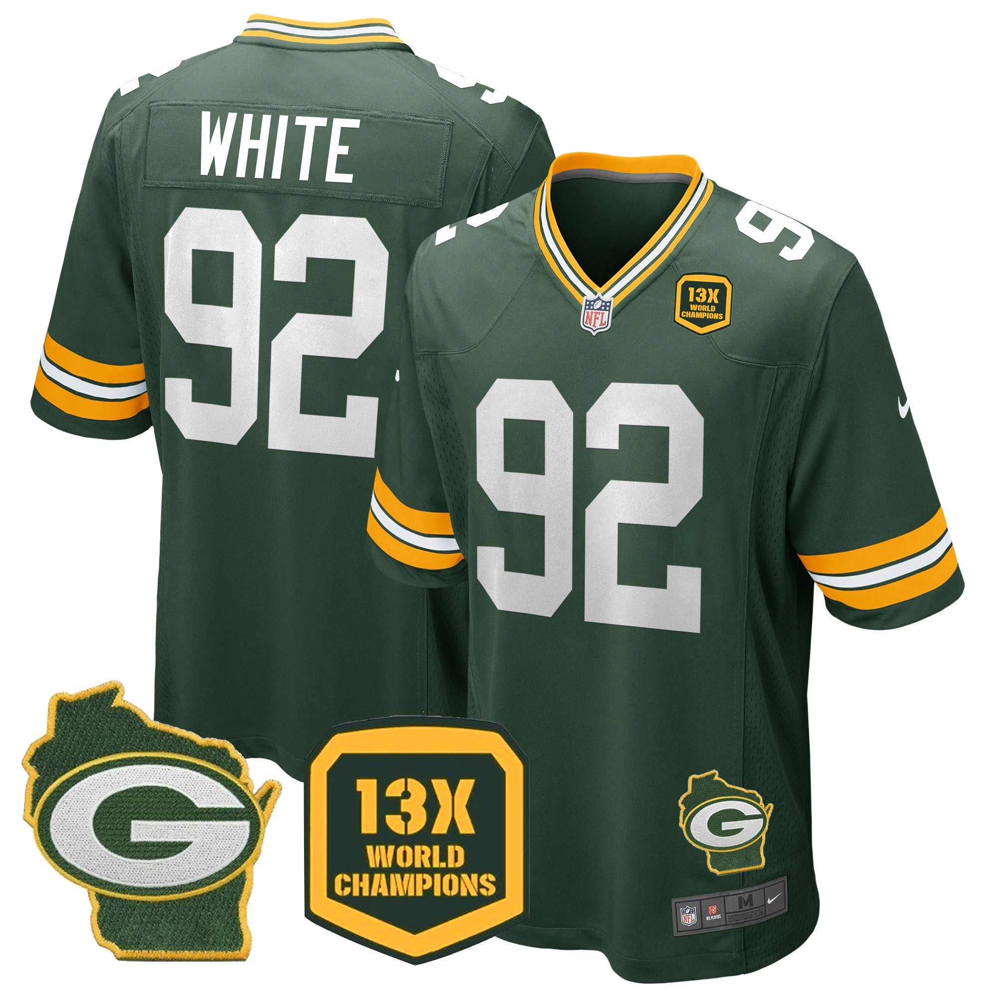 Reggie White Men's Green Bay Packers 13 Time World Champions & Home Patch Game Jersey Ã¯Â¿Â½ All Stitched Green Jersey - All Stitched