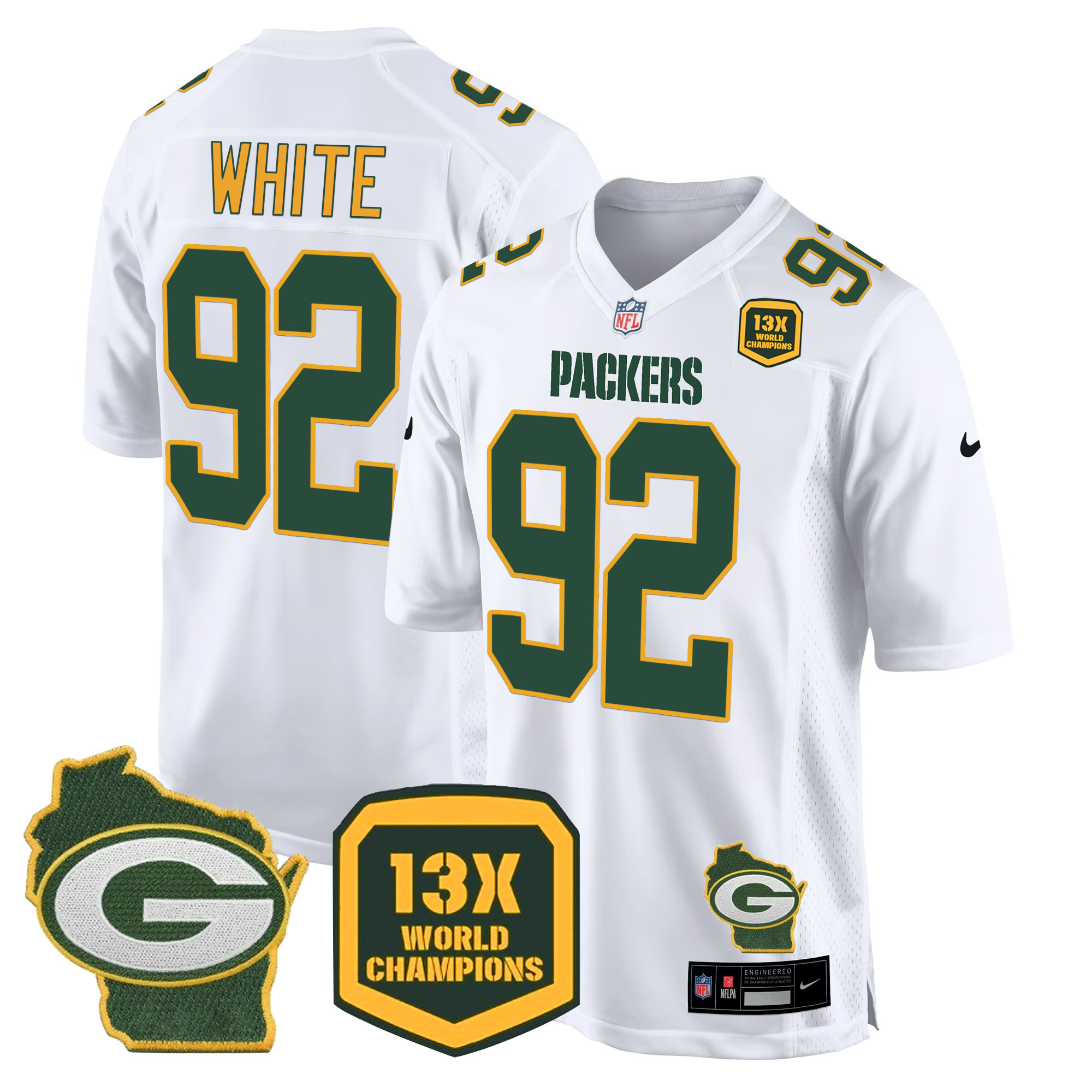 Reggie White Men's Green Bay Packers 13 Time World Champions & Home Patch Game Jersey Ã¯Â¿Â½ All Stitched White Jersey - All Stitched