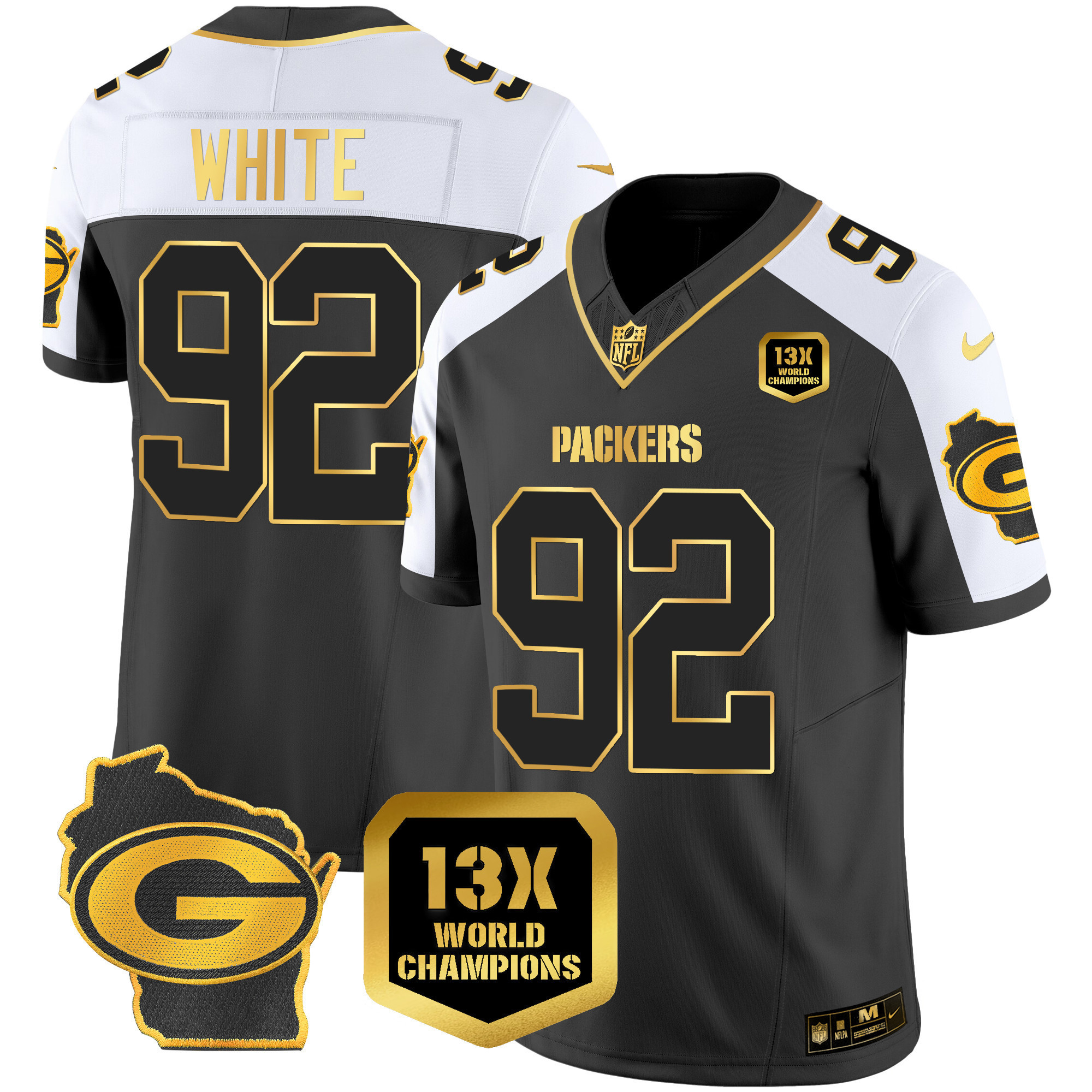 Reggie White Men's Green Bay Packers 13 Time World Champions & Home Patch Gold Vapor Jersey Ã¯Â¿Â½ All Stitched Alternate Jersey - All Stitched