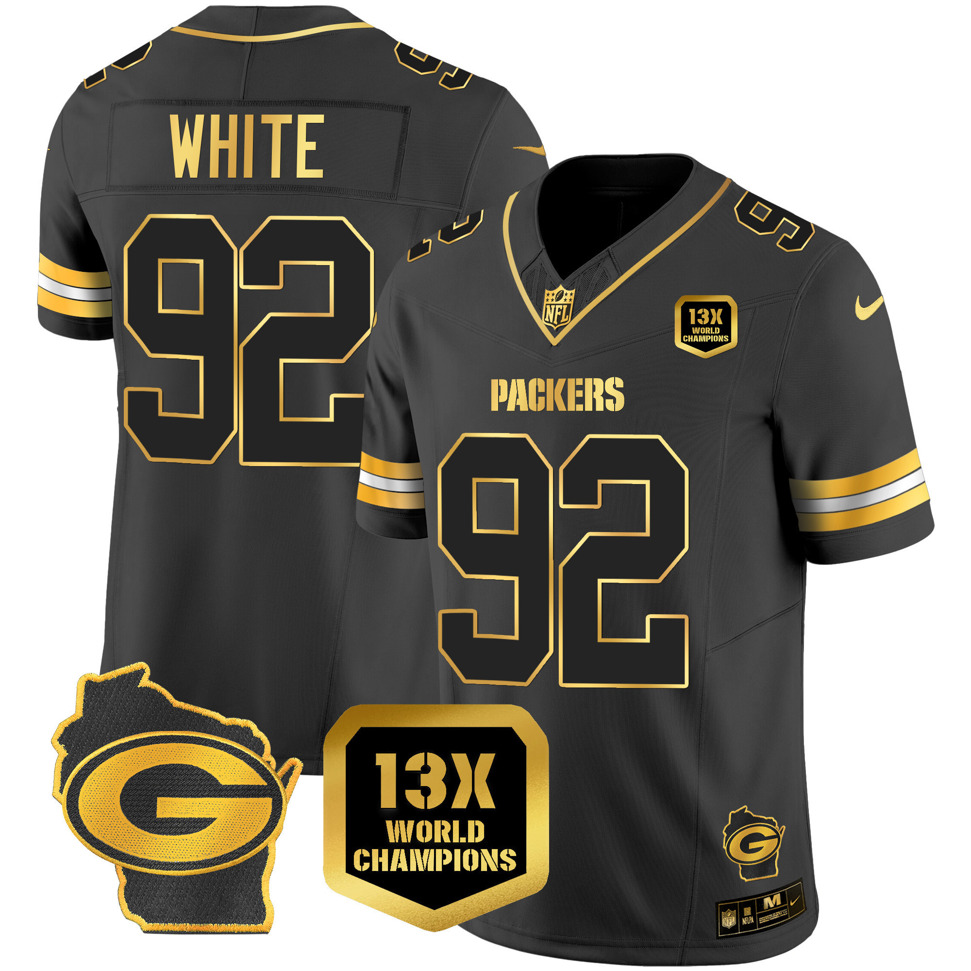 Reggie White Men's Green Bay Packers 13 Time World Champions & Home Patch Gold Vapor Jersey Ã¯Â¿Â½ All Stitched Black Gold Jersey - All Stitched