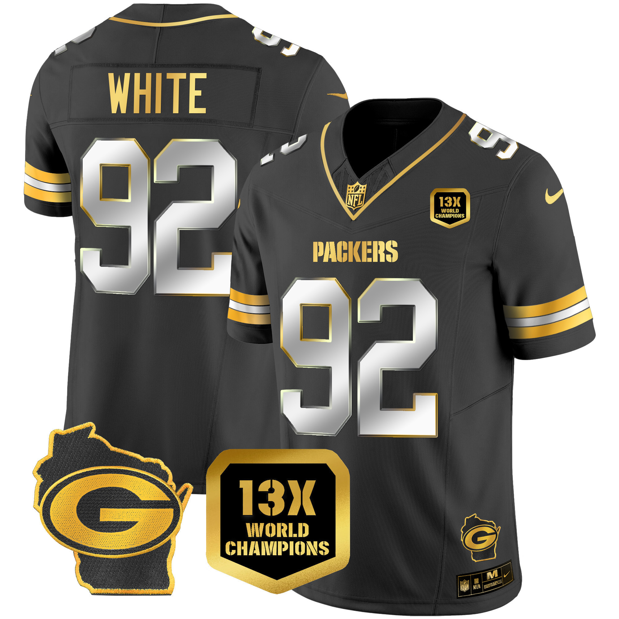 Reggie White Men's Green Bay Packers 13 Time World Champions & Home Patch Gold Vapor Jersey Ã¯Â¿Â½ All Stitched Black Limited Jersey - All Stitched