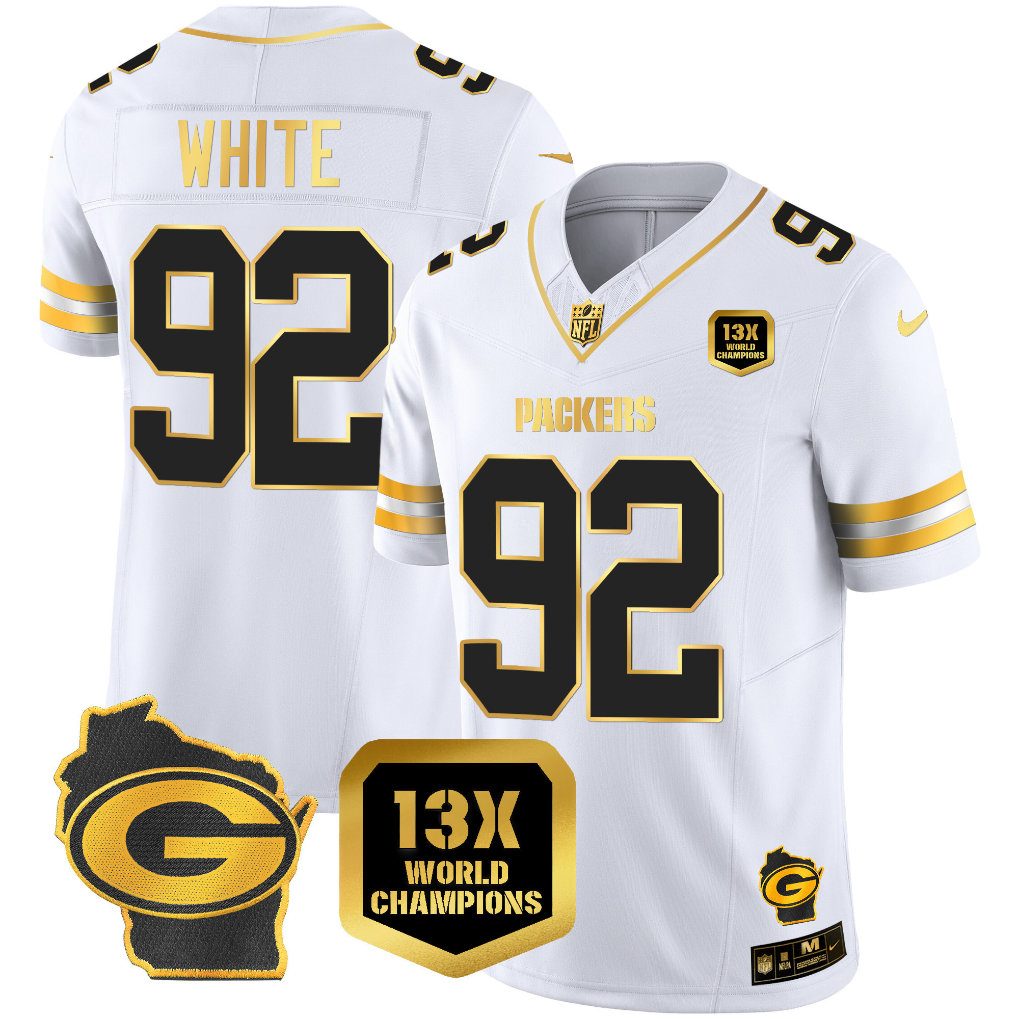 Reggie White Men's Green Bay Packers 13 Time World Champions & Home Patch Gold Vapor Jersey Ã¯Â¿Â½ All Stitched White Gold Jersey - All Stitched