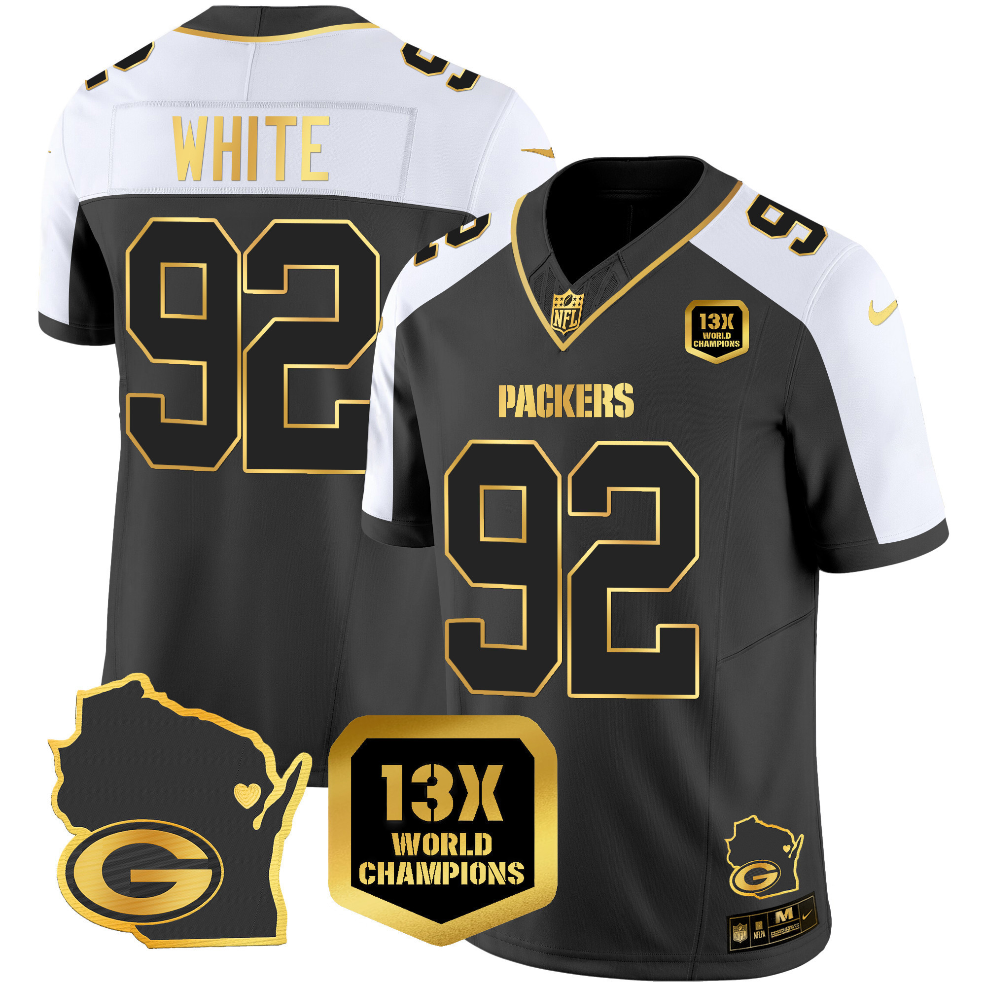 Reggie White Men's Green Bay Packers 13 Time World Champions & Home Patch Gold Vapor Jersey V2 Ã¯Â¿Â½ All Stitched Alternate Jersey - All Stitched