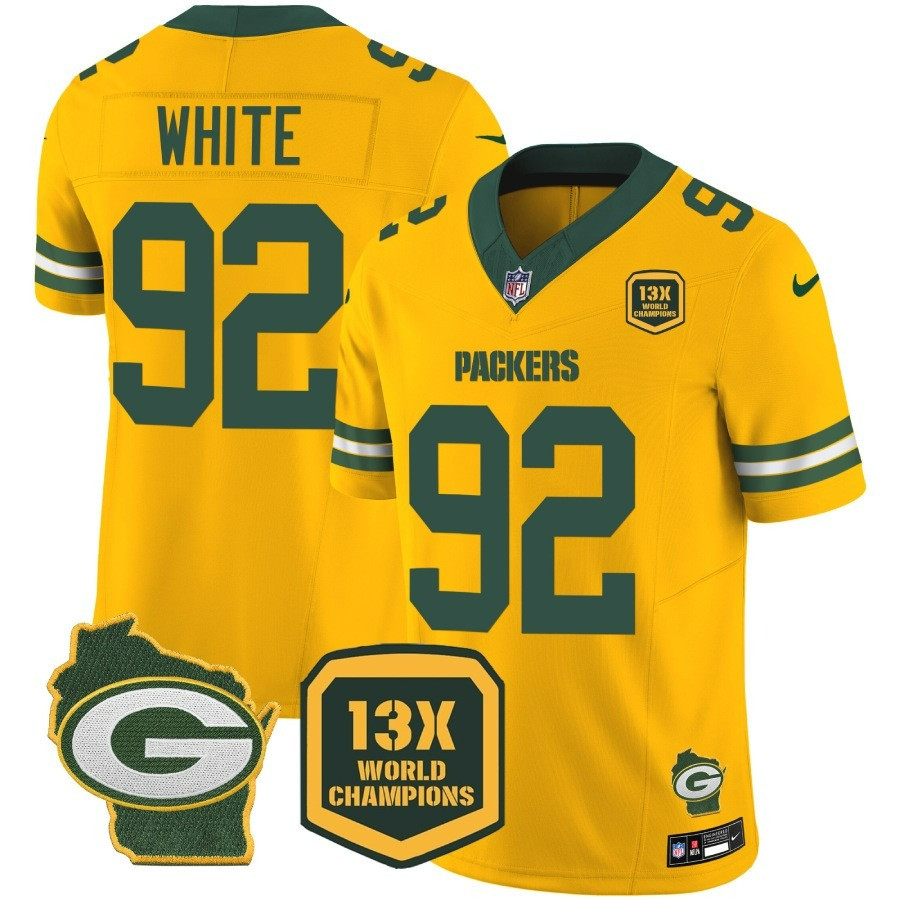 Reggie White Men's Green Bay Packers 13 Time World Champions & Home Patch Vapor Jersey Ã¯Â¿Â½ All Stitched Gold Jersey - All Stitched