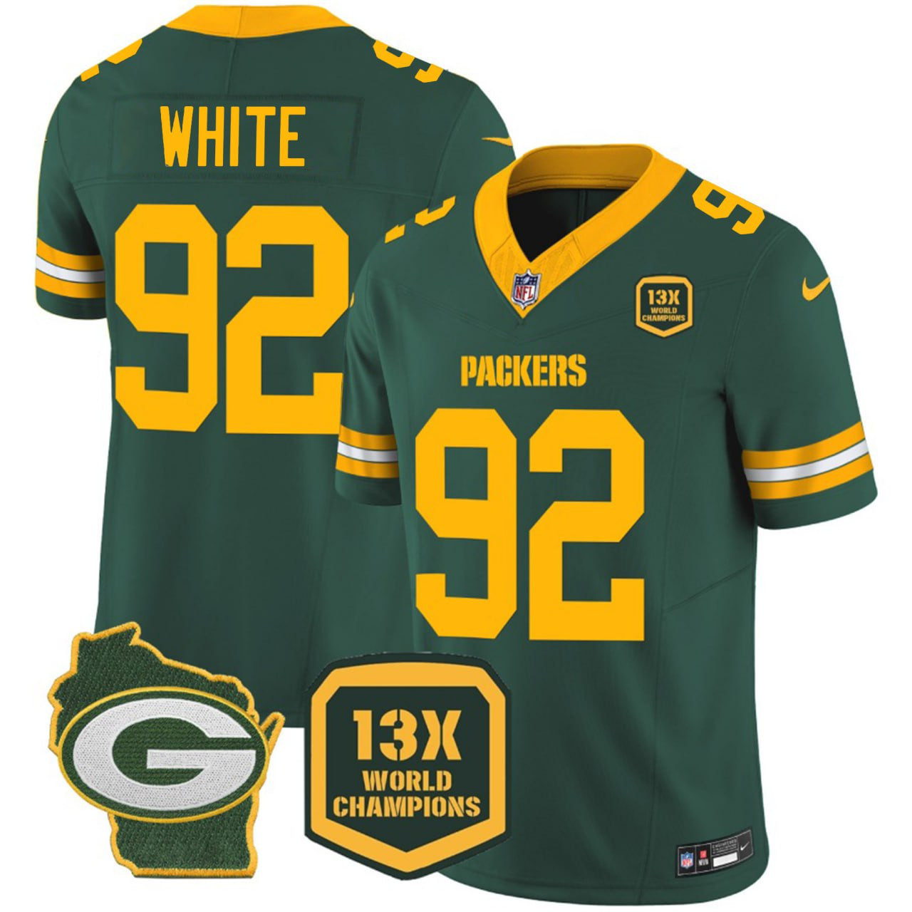 Reggie White Men's Green Bay Packers 13 Time World Champions & Home Patch Vapor Jersey Ã¯Â¿Â½ All Stitched Green Jersey - All Stitched