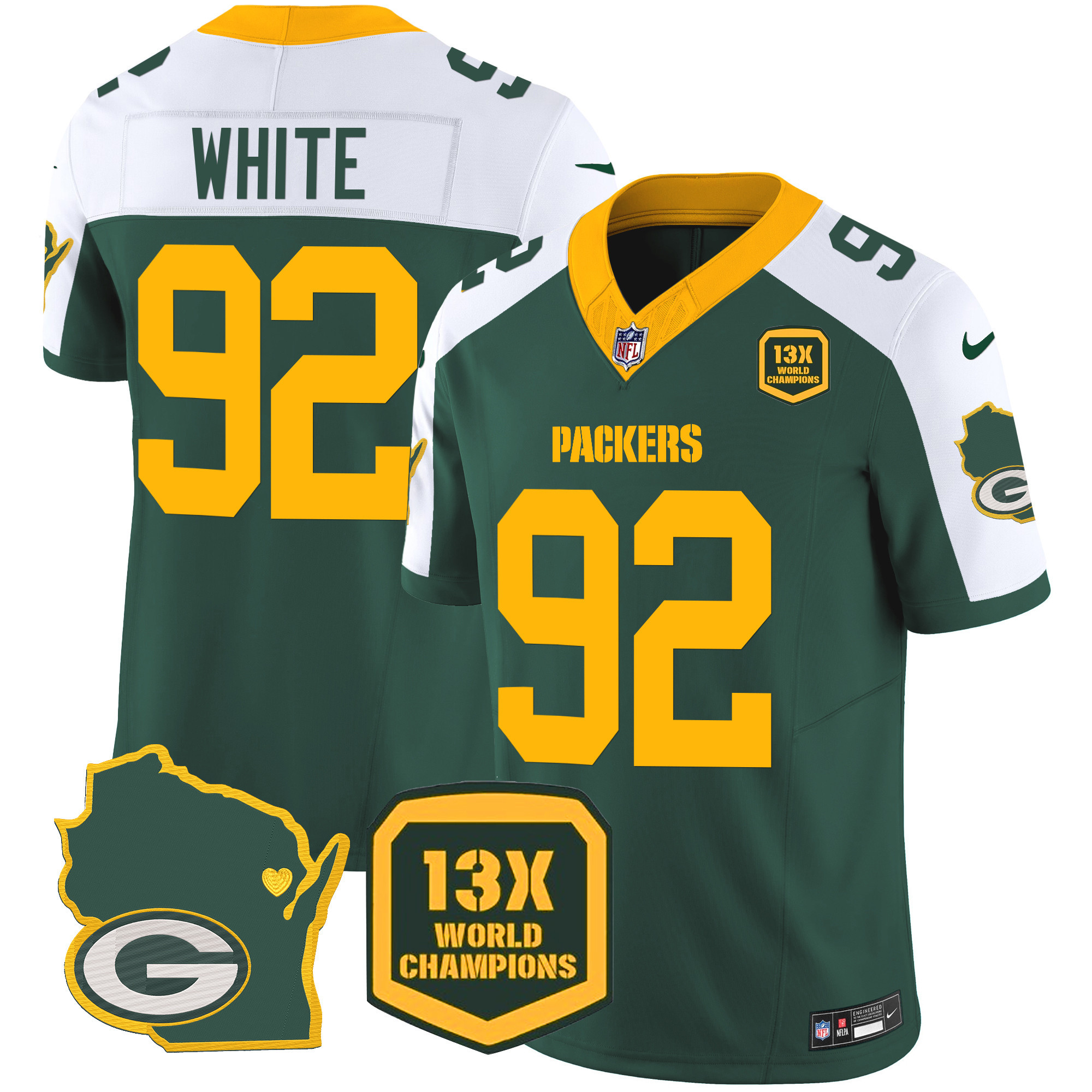 Reggie White Men's Green Bay Packers 13 Time World Champions & Home Patch Vapor Jersey V2 Ã¯Â¿Â½ All Stitched Alternate Jersey - All Stitched