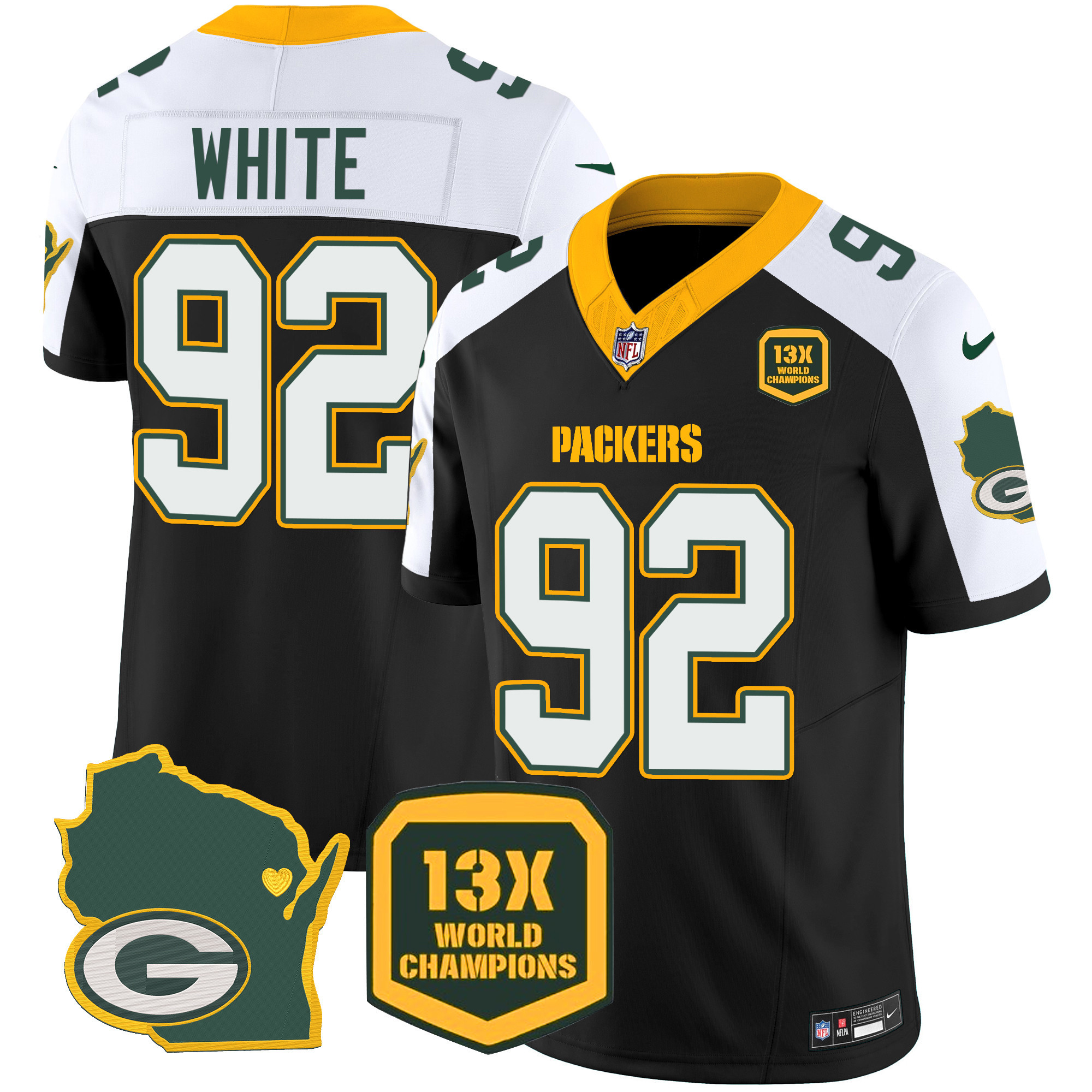 Reggie White Men's Green Bay Packers 13 Time World Champions & Home Patch Vapor Jersey V2 Ã¯Â¿Â½ All Stitched Black Alternate Jersey - All Stitched