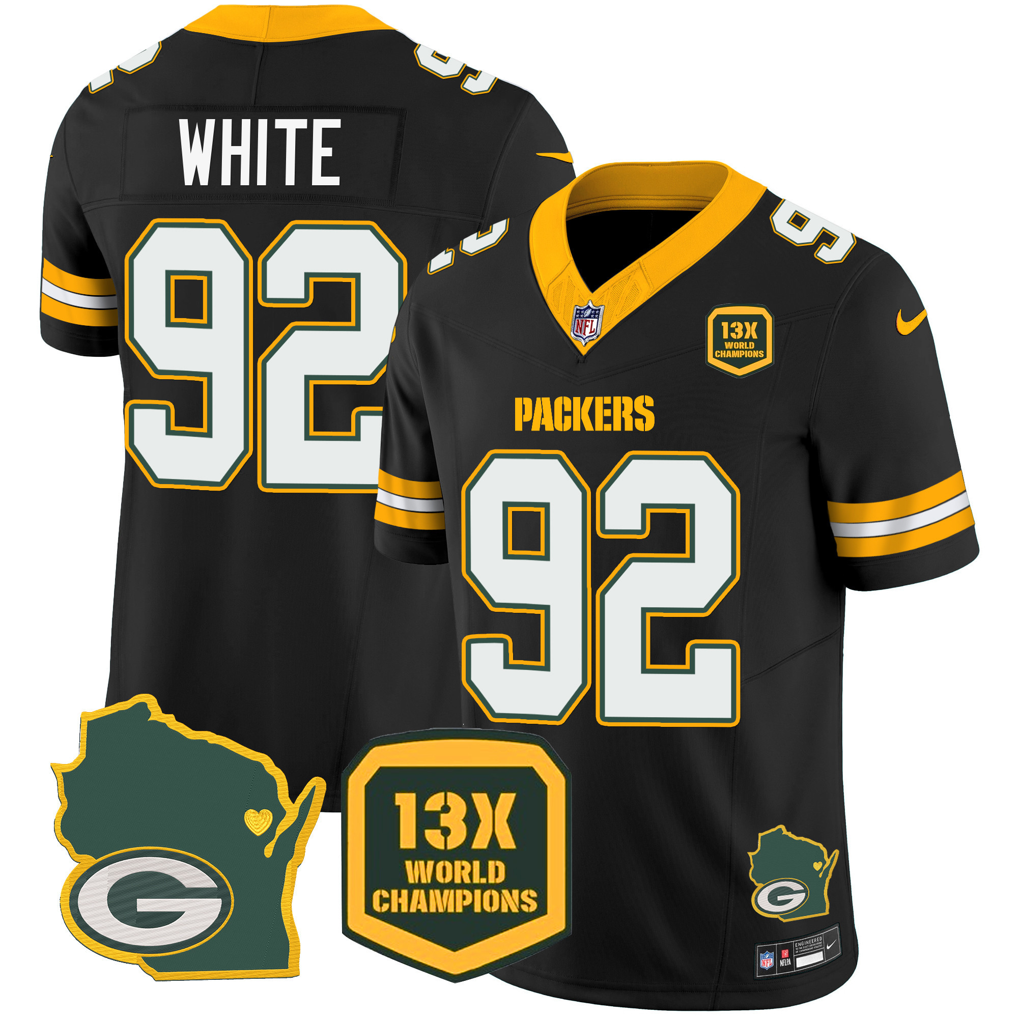 Reggie White Men's Green Bay Packers 13 Time World Champions & Home Patch Vapor Jersey V2 Ã¯Â¿Â½ All Stitched Black Jersey - All Stitched
