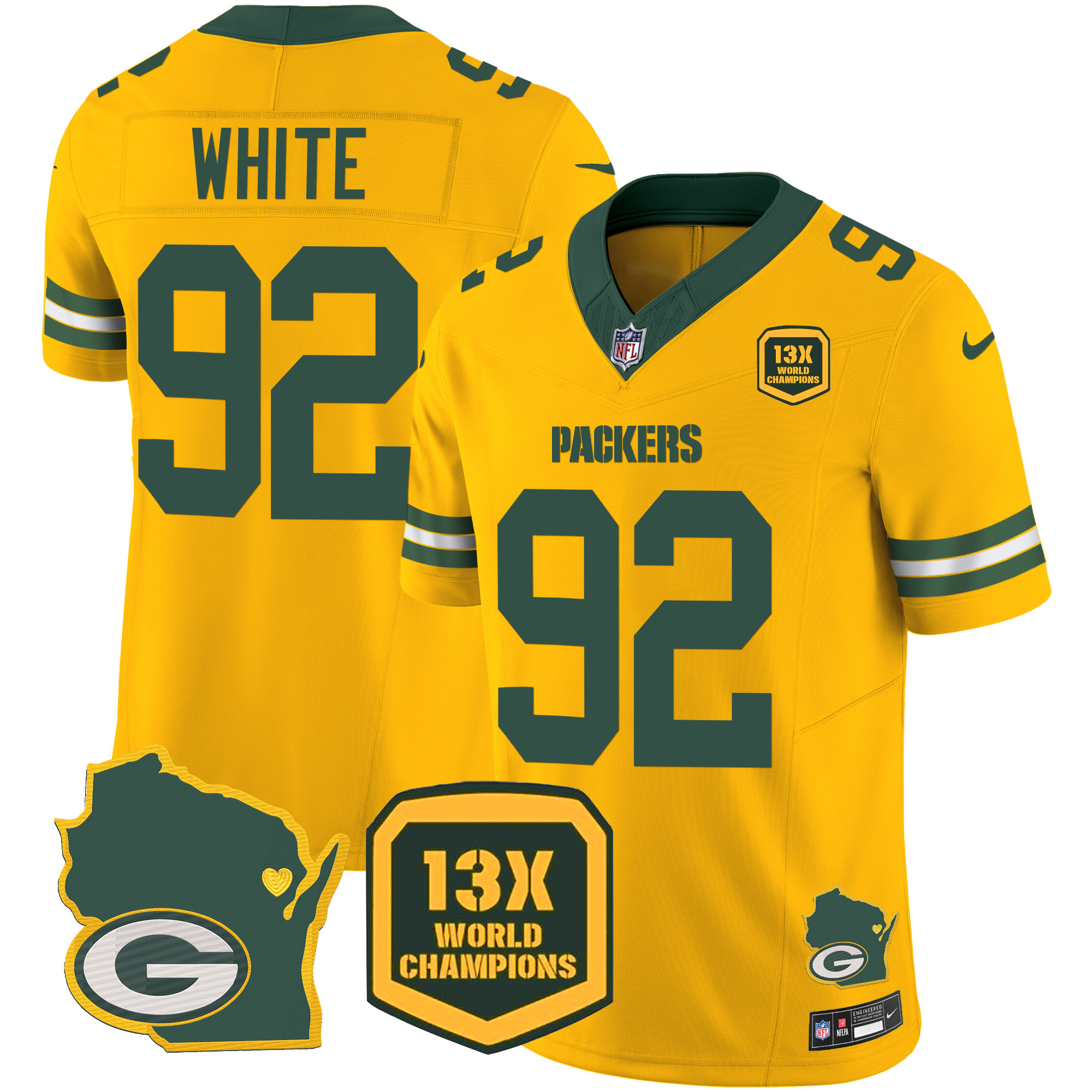 Reggie White Men's Green Bay Packers 13 Time World Champions & Home Patch Vapor Jersey V2 Ã¯Â¿Â½ All Stitched Gold Jersey - All Stitched