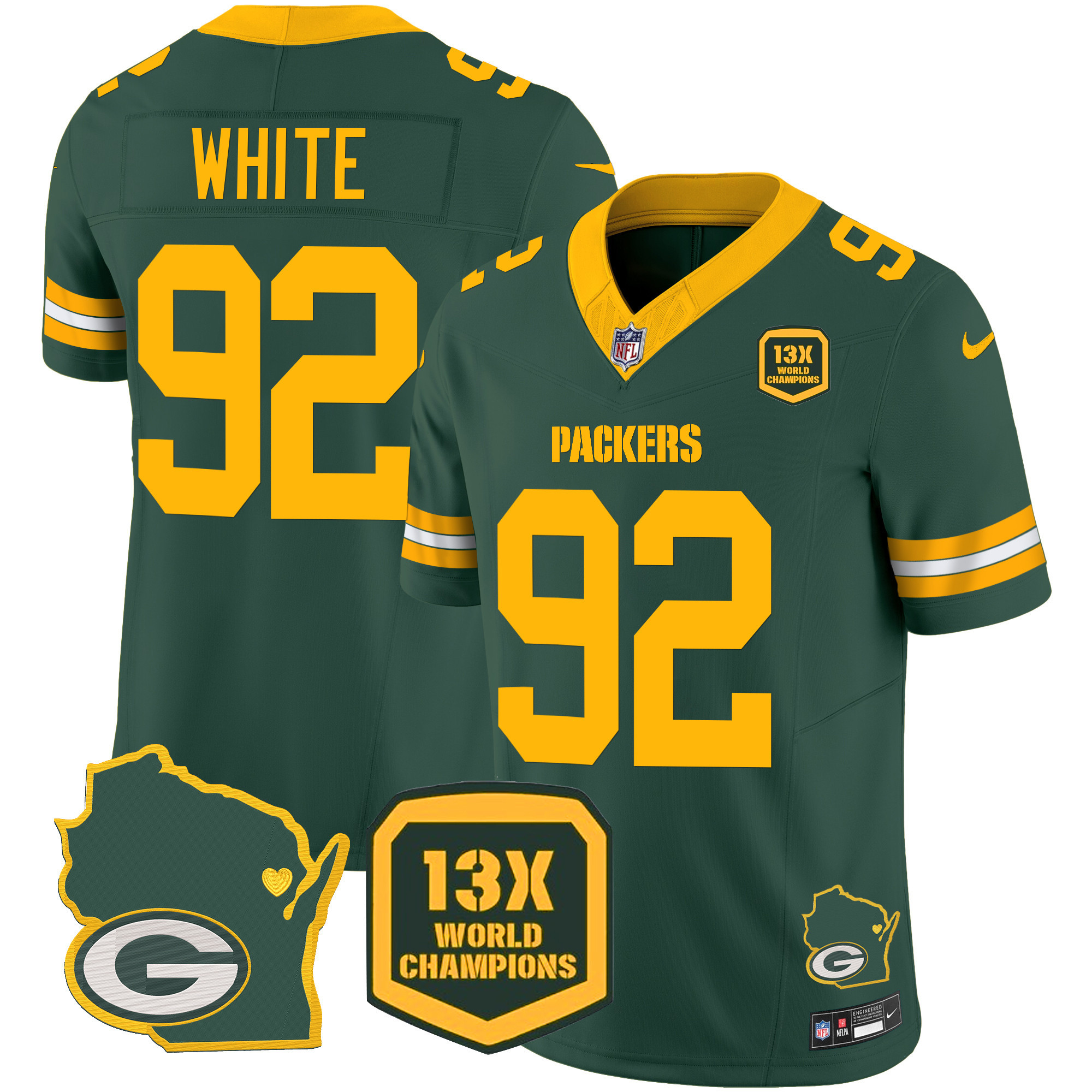Reggie White Men's Green Bay Packers 13 Time World Champions & Home Patch Vapor Jersey V2 Ã¯Â¿Â½ All Stitched Green Jersey - All Stitched