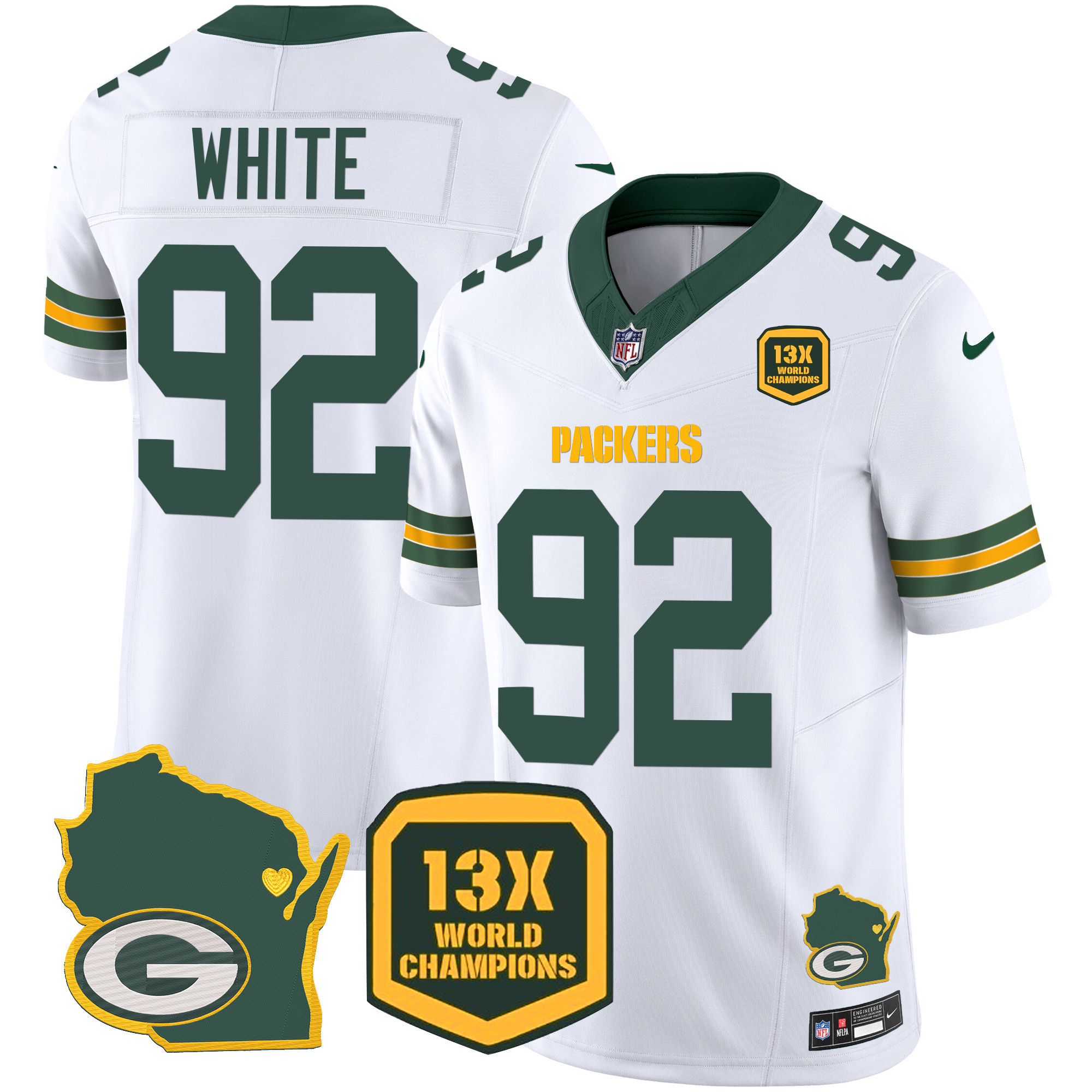 Reggie White Men's Green Bay Packers 13 Time World Champions & Home Patch Vapor Jersey V2 Ã¯Â¿Â½ All Stitched White Jersey - All Stitched