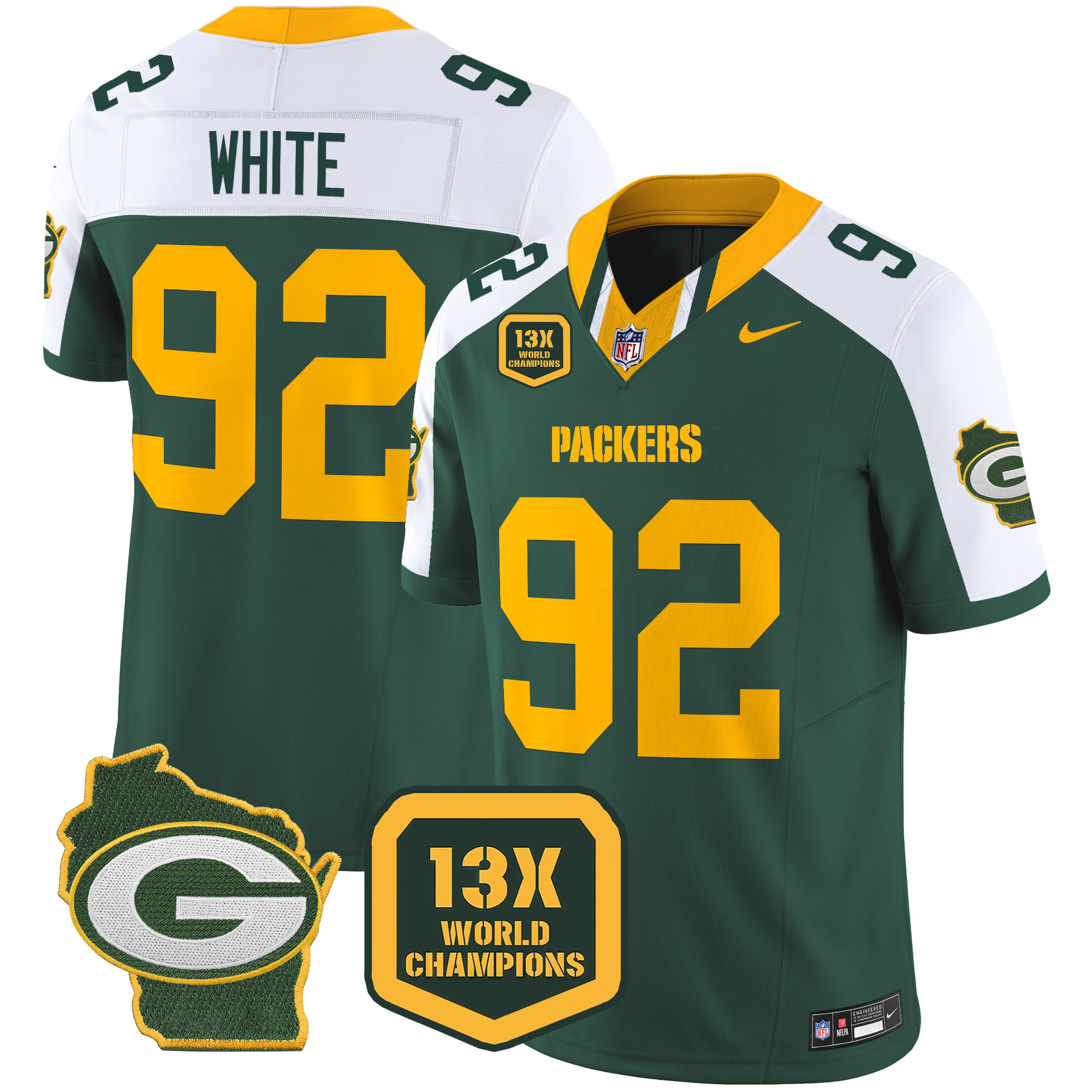 Reggie White Men's Green Bay Packers 13 Time World Champions & Home Patch Vapor Limited Jersey Ã¢â‚¬â€œ All Stitched Alternate Jersey - All Stitched