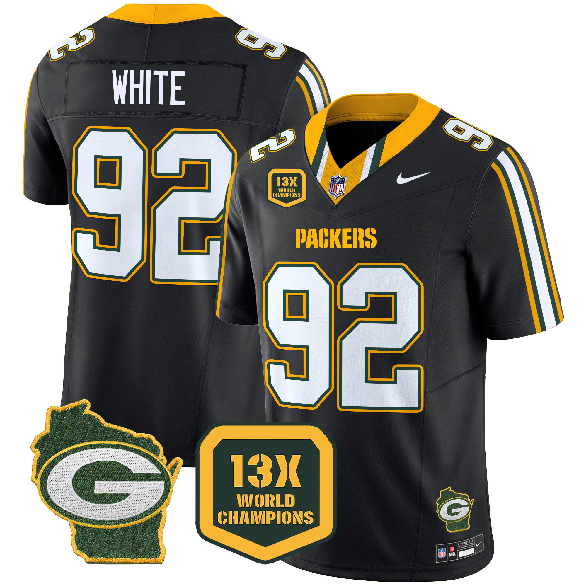 Reggie White Men's Green Bay Packers 13 Time World Champions & Home Patch Vapor Limited Jersey ÃƒÂ¢Ã¢â€šÂ¬Ã¢â‚¬Å“ All Stitched Black Jersey - All Stitched