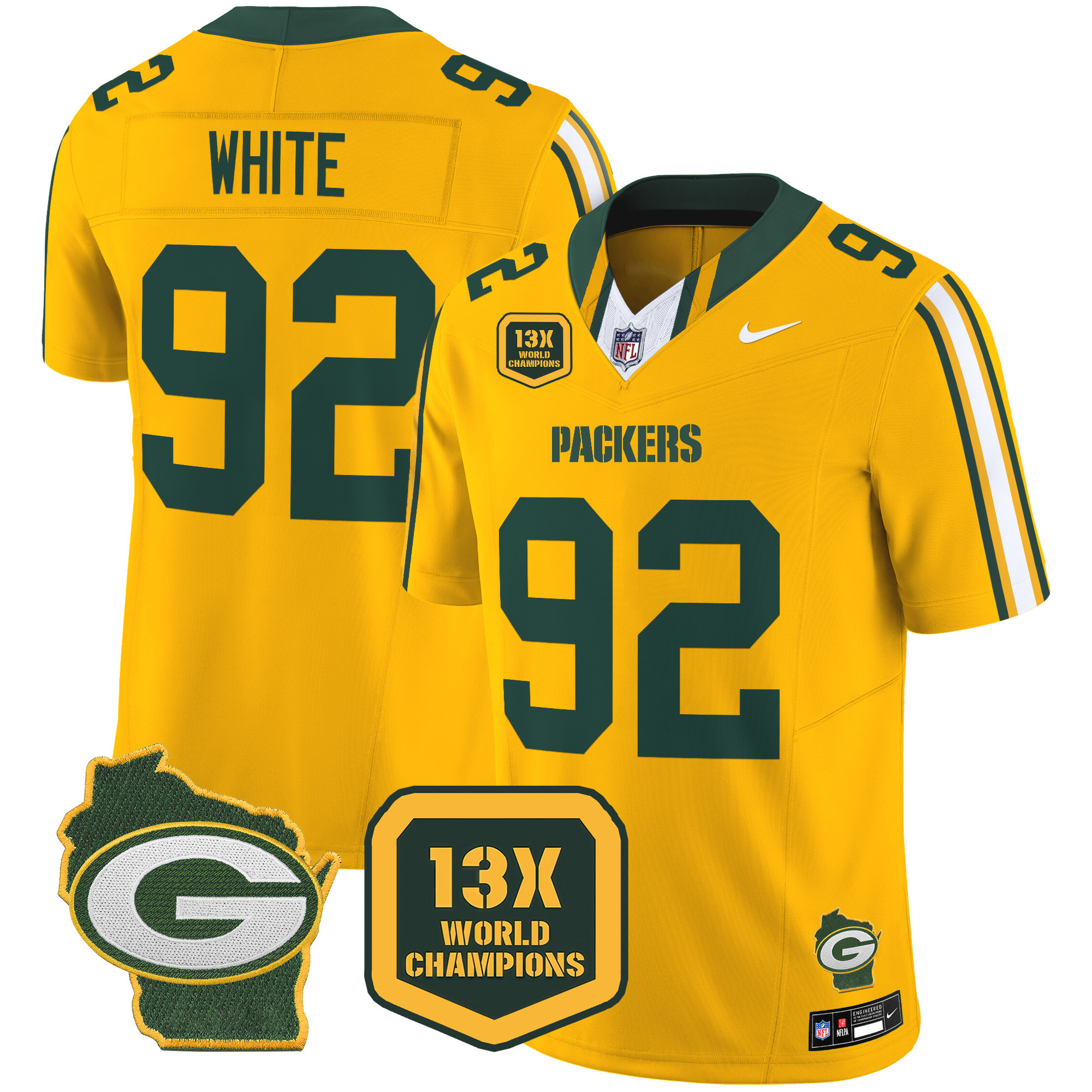 Reggie White Men's Green Bay Packers 13 Time World Champions & Home Patch Vapor Limited Jersey ÃƒÂ¢Ã¢â€šÂ¬Ã¢â‚¬Å“ All Stitched Gold Jersey - All Stitched