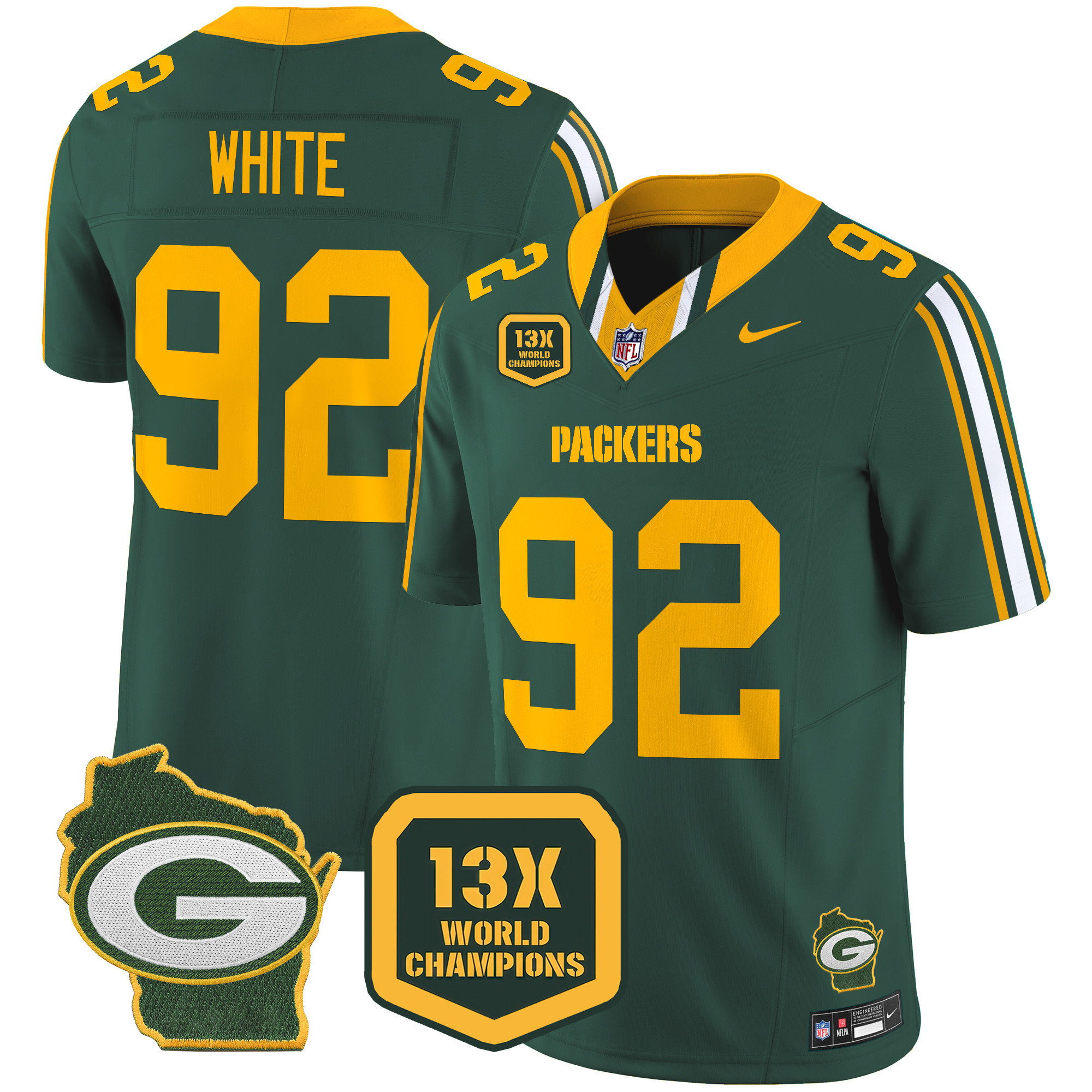 Reggie White Men's Green Bay Packers 13 Time World Champions & Home Patch Vapor Limited Jersey ÃƒÂ¢Ã¢â€šÂ¬Ã¢â‚¬Å“ All Stitched Green Jersey - All Stitched