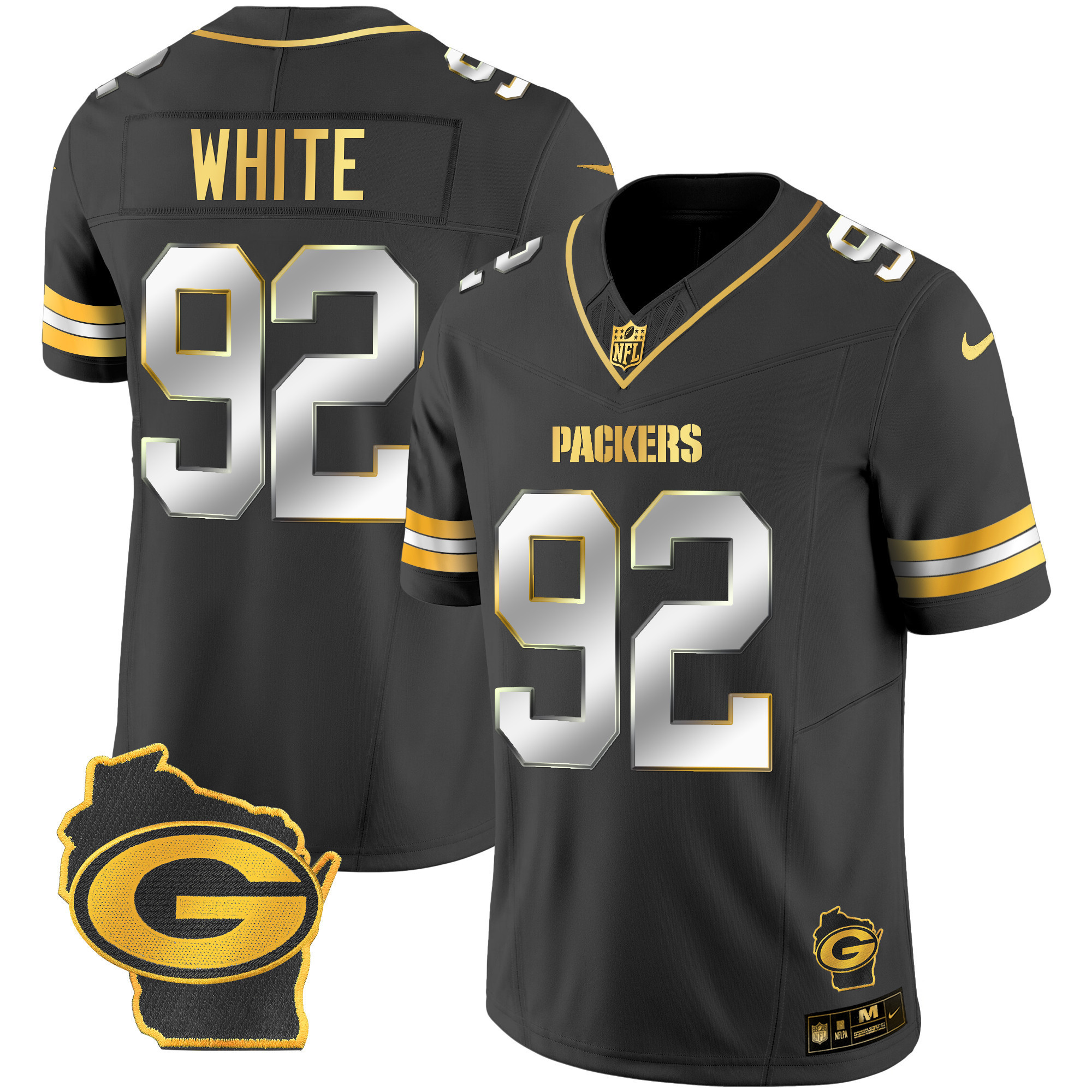 Reggie White Men's Green Bay Packers Home Patch Gold Vapor Black Limited Jersey - All Stitched