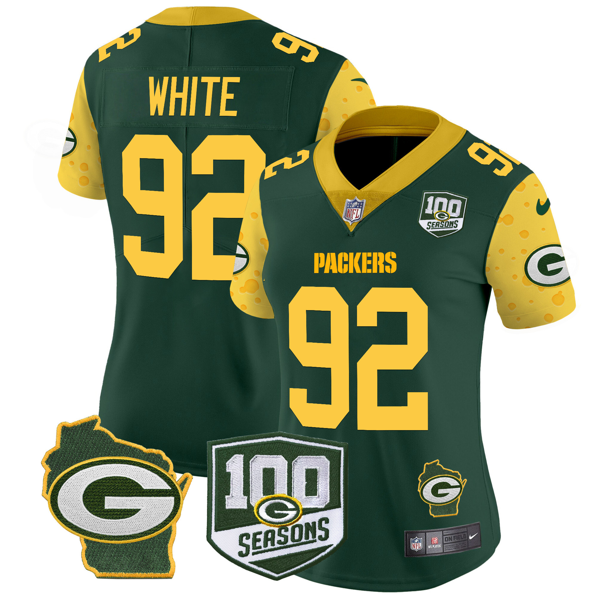 Reggie White Women's Green Bay Packers 100th Season & Home Patch Cheese Vapor Limited Jersey ÃƒÂ¢Ã¢â€šÂ¬Ã¢â‚¬Å“ All Stitched Green Jersey - All Stitched
