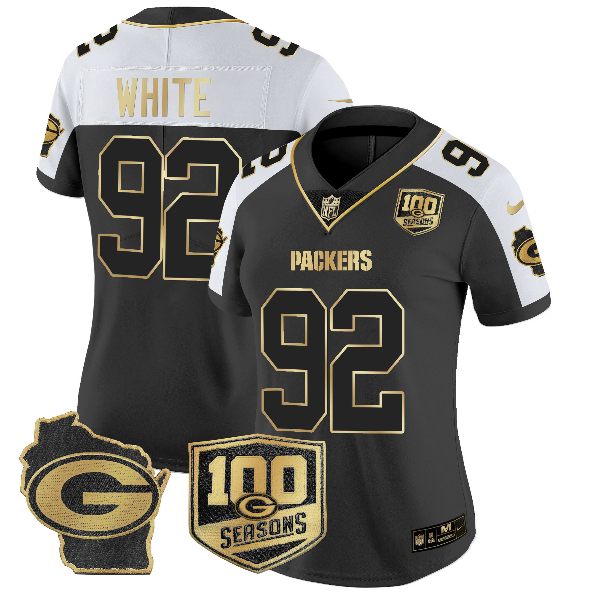 Reggie White Women's Green Bay Packers 100th Season & Home Patch Gold Vapor Limited Jersey ÃƒÂ¢Ã¢â€šÂ¬Ã¢â‚¬Å“ All Stitched Alternate Jersey - All Stitched