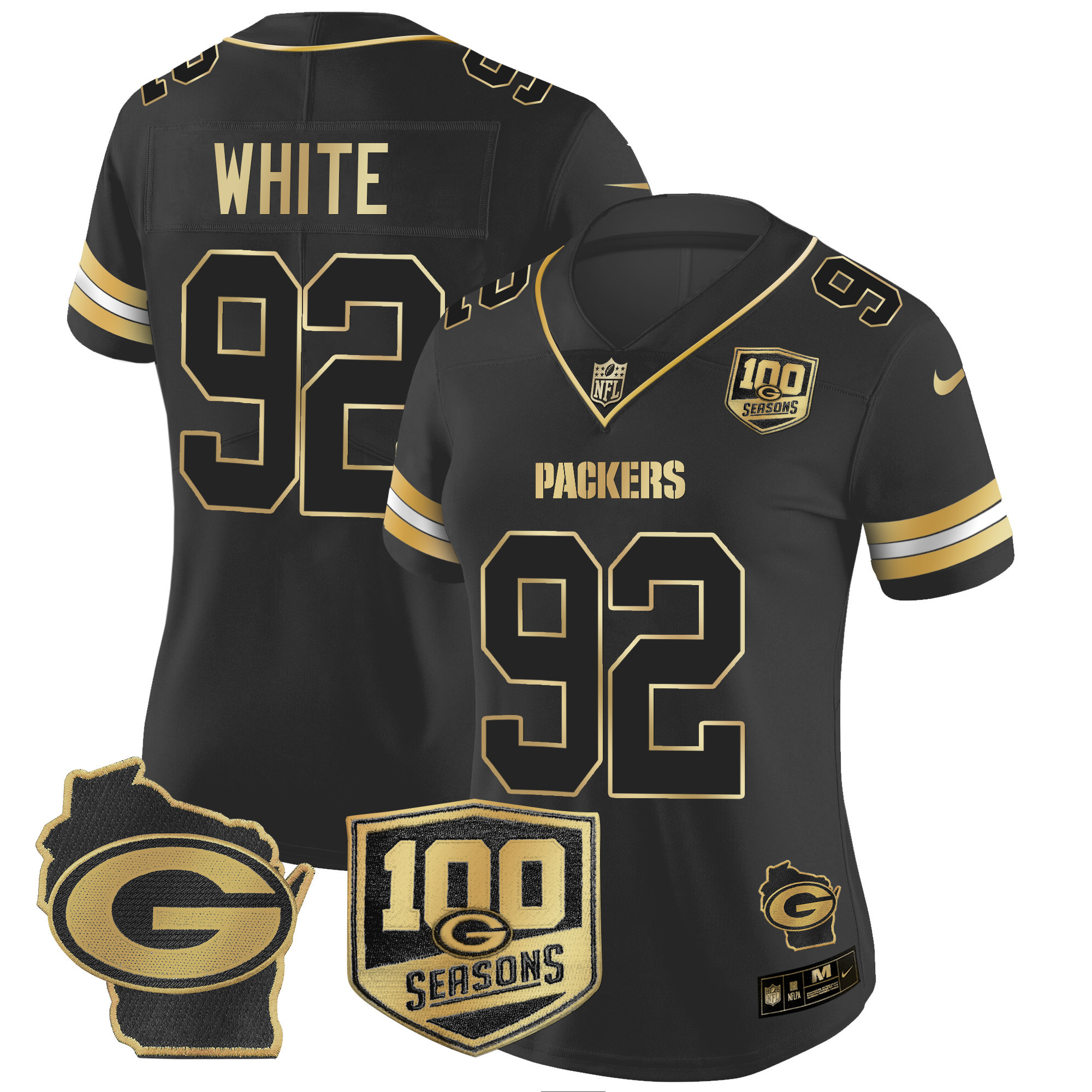 Reggie White Women's Green Bay Packers 100th Season & Home Patch Gold Vapor Limited Jersey ÃƒÂ¢Ã¢â€šÂ¬Ã¢â‚¬Å“ All Stitched Black Gold Jersey - All Stitched