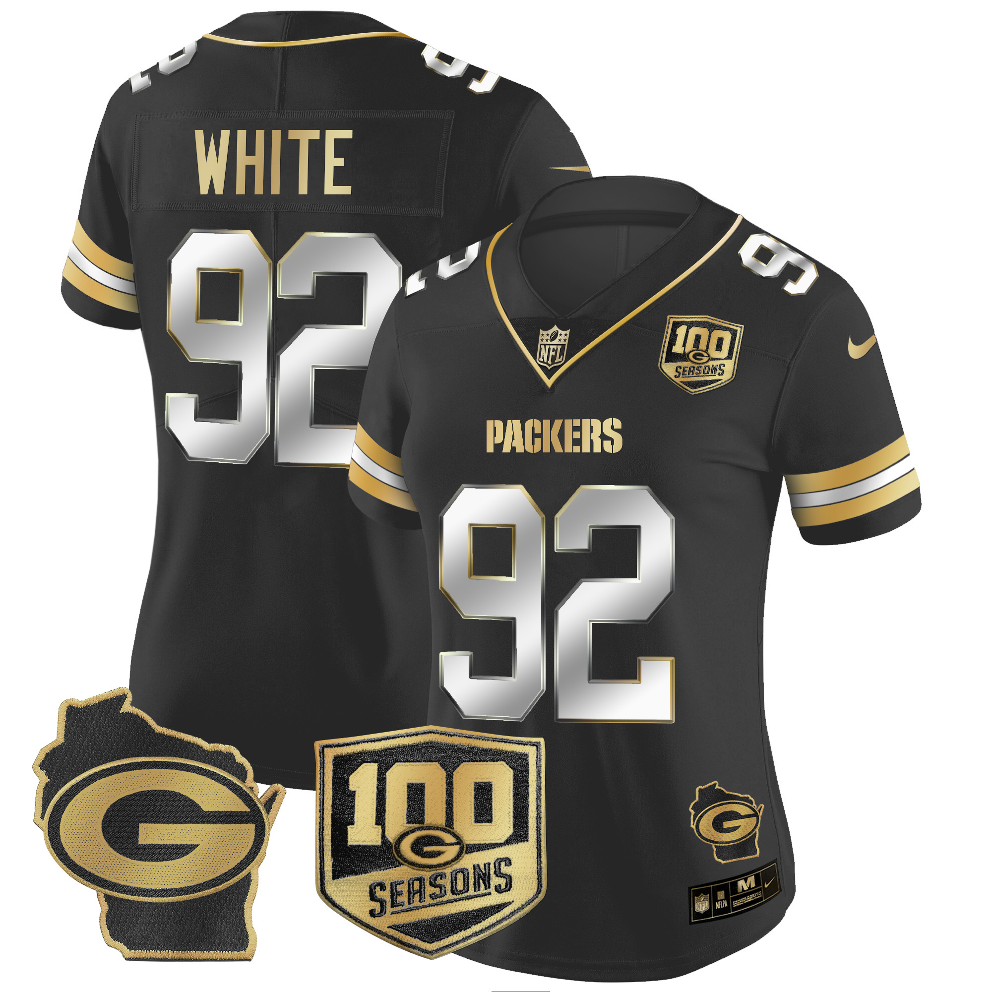 Reggie White Women's Green Bay Packers 100th Season & Home Patch Gold Vapor Limited Jersey ÃƒÂ¢Ã¢â€šÂ¬Ã¢â‚¬Å“ All Stitched Black Limited Jersey - All Stitched