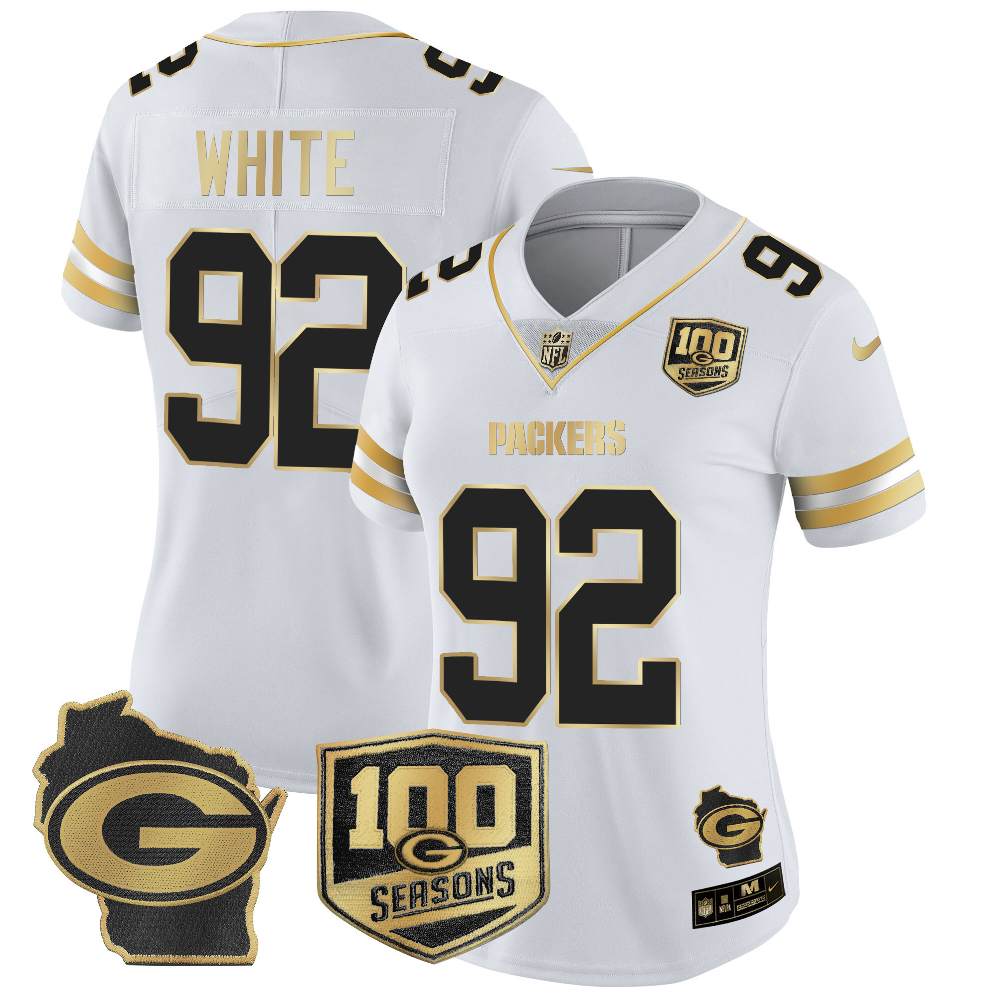 Reggie White Women's Green Bay Packers 100th Season & Home Patch Gold Vapor Limited Jersey Ã¢â‚¬â€œ All Stitched White Gold Jersey - All Stitched