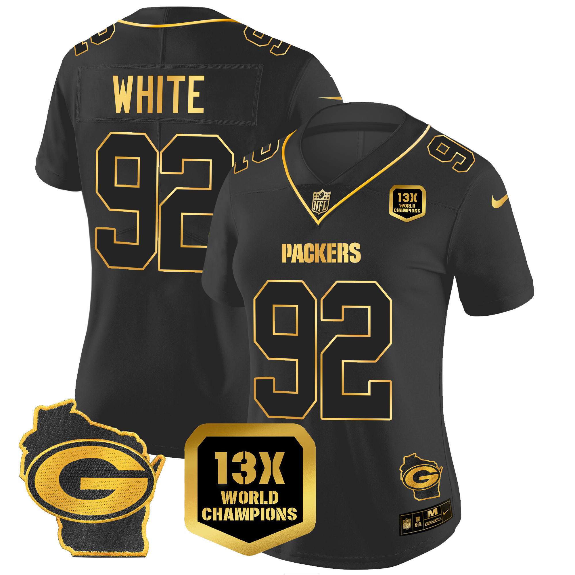 Reggie White Women's Green Bay Packers 13 Time World Champions & Home Patch Gold Vapor Jersey Ã¯Â¿Â½ All Stitched Black Gold Jersey - All Stitched