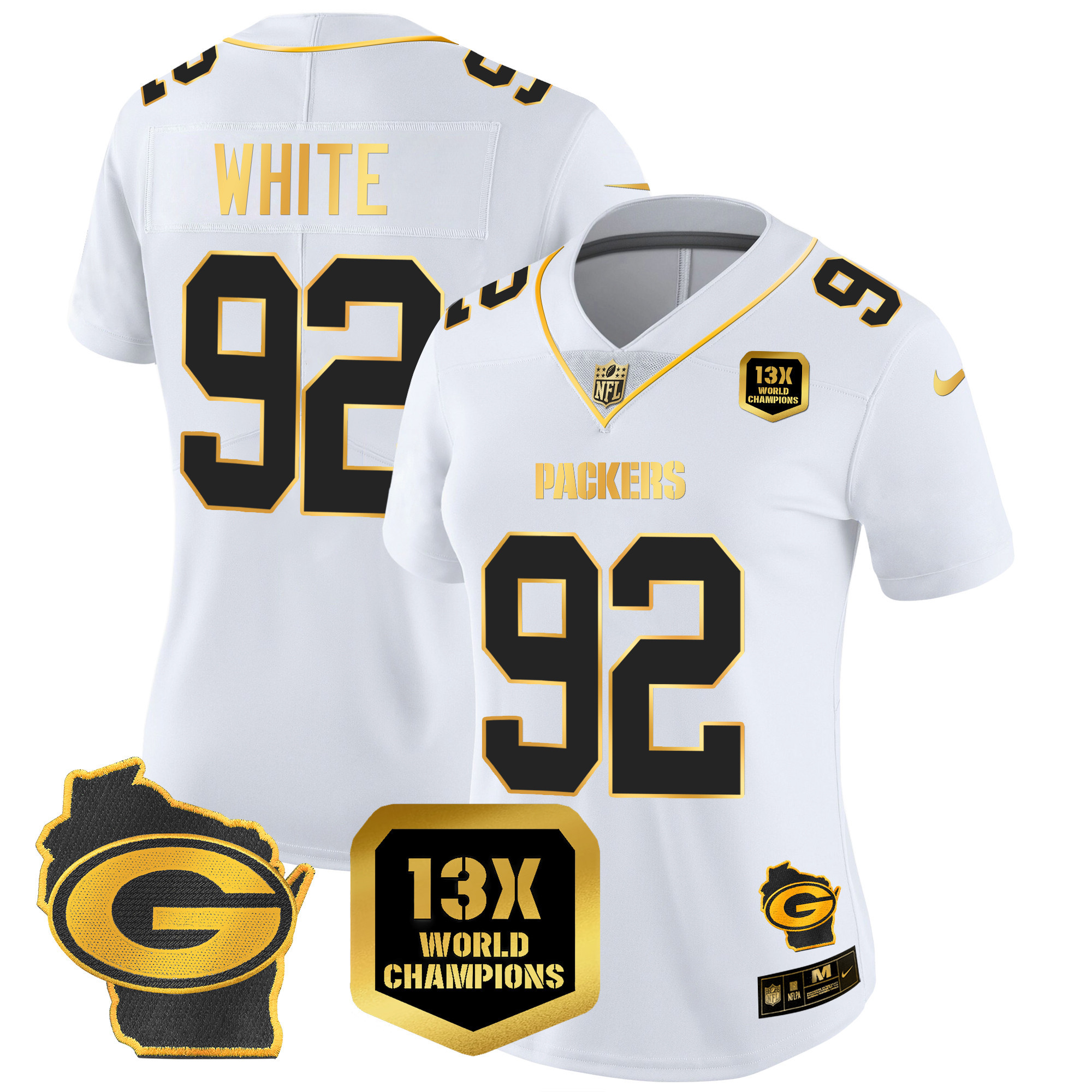 Reggie White Women's Green Bay Packers 13 Time World Champions & Home Patch Gold Vapor Jersey Ã¯Â¿Â½ All Stitched White Gold Jersey - All Stitched