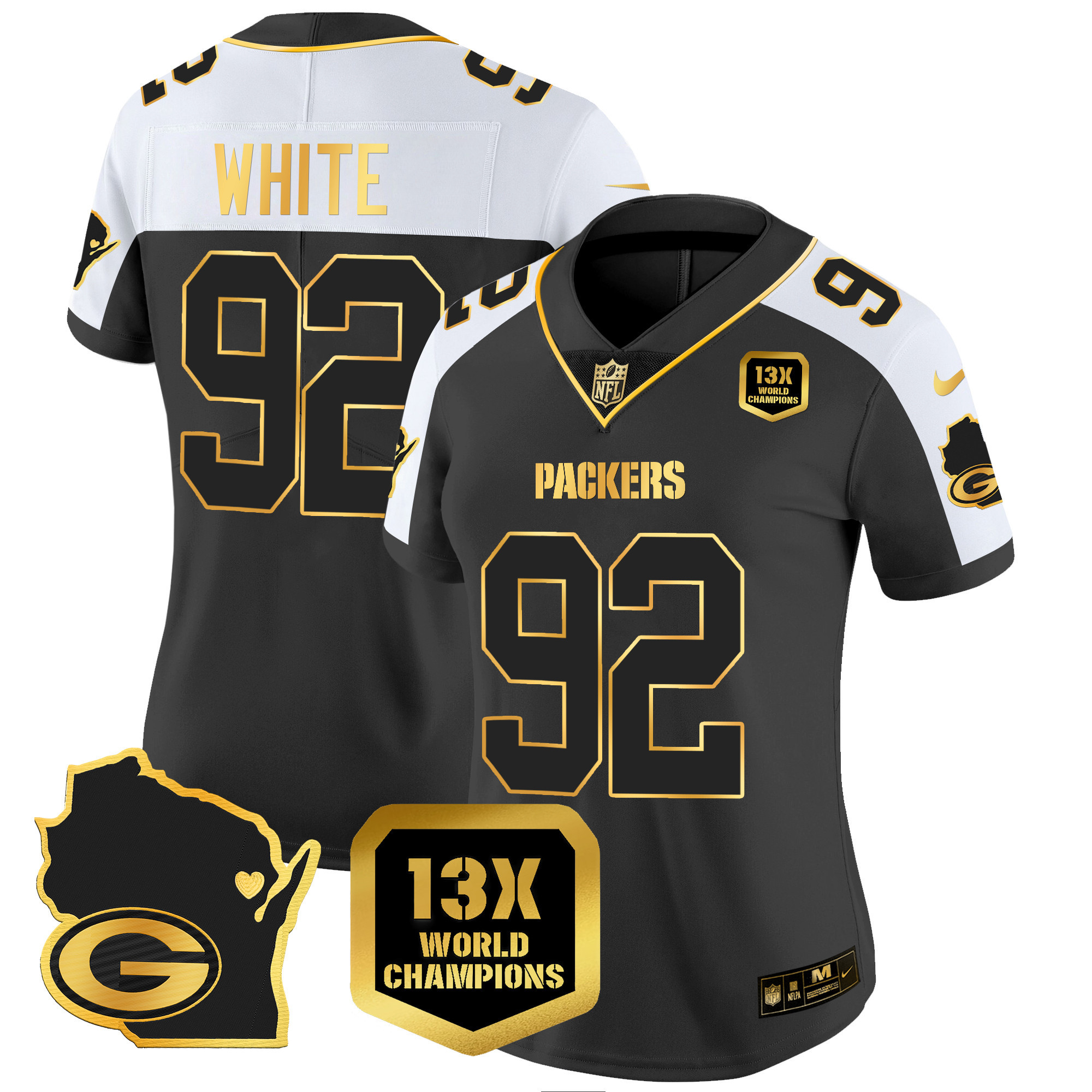 Reggie White Women's Green Bay Packers 13 Time World Champions & Home Patch Gold Vapor Jersey V2 Ã¯Â¿Â½ All Stitched Alternate Jersey - All Stitched