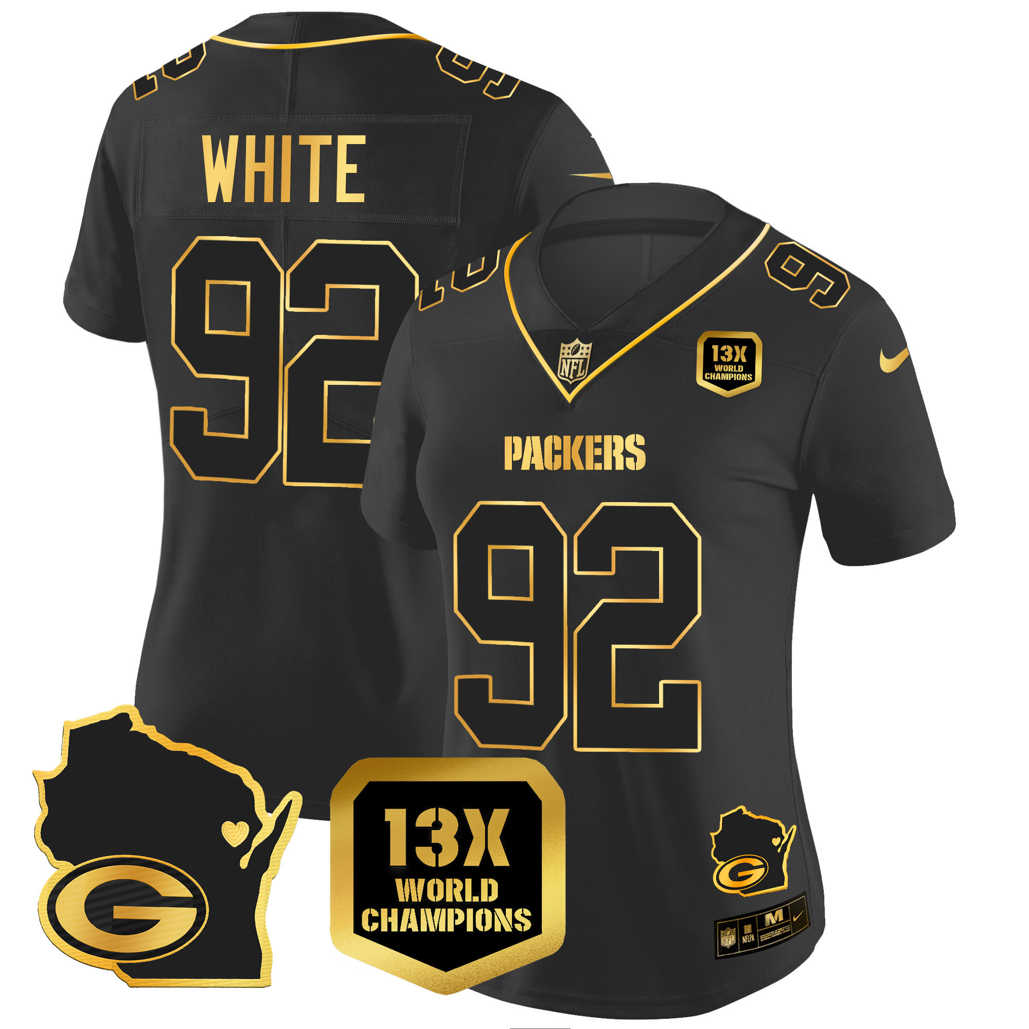 Reggie White Women's Green Bay Packers 13 Time World Champions & Home Patch Gold Vapor Jersey V2 Ã¯Â¿Â½ All Stitched Black Gold Jersey - All Stitched